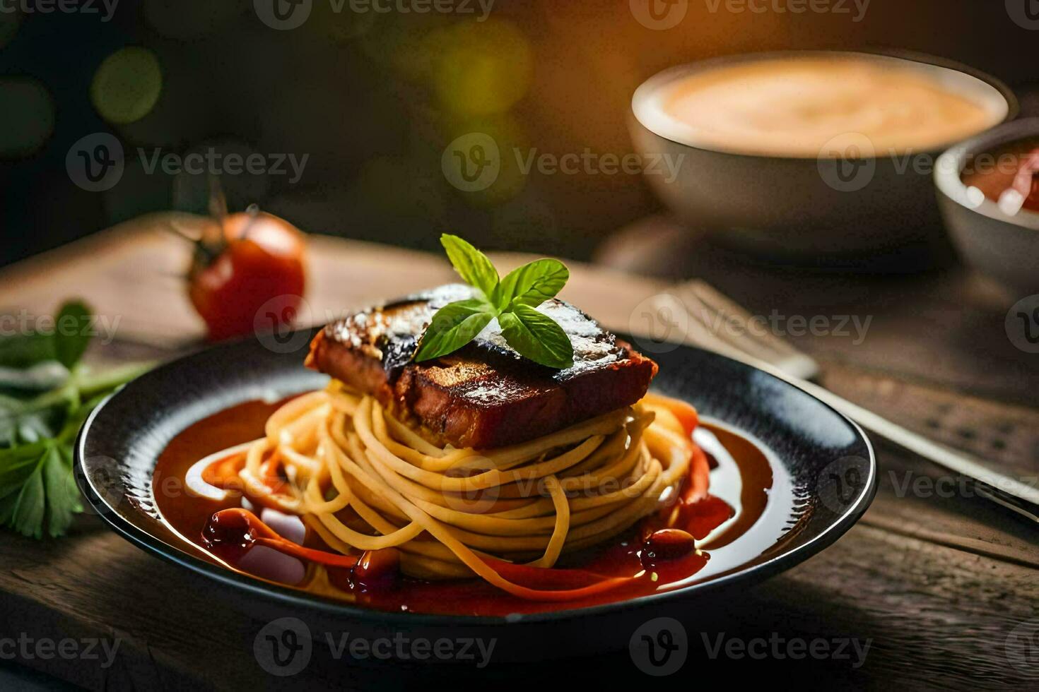 spaghetti with meat and sauce on a plate. AI-Generated photo