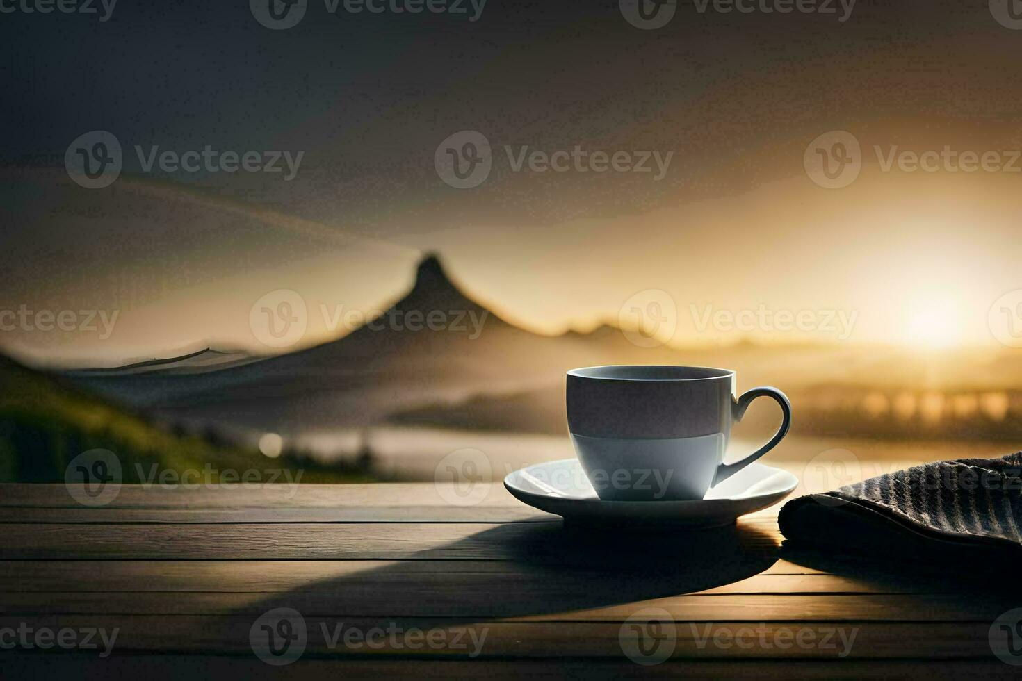 café taza en el mesa con montañas en el antecedentes. generado por ai foto
