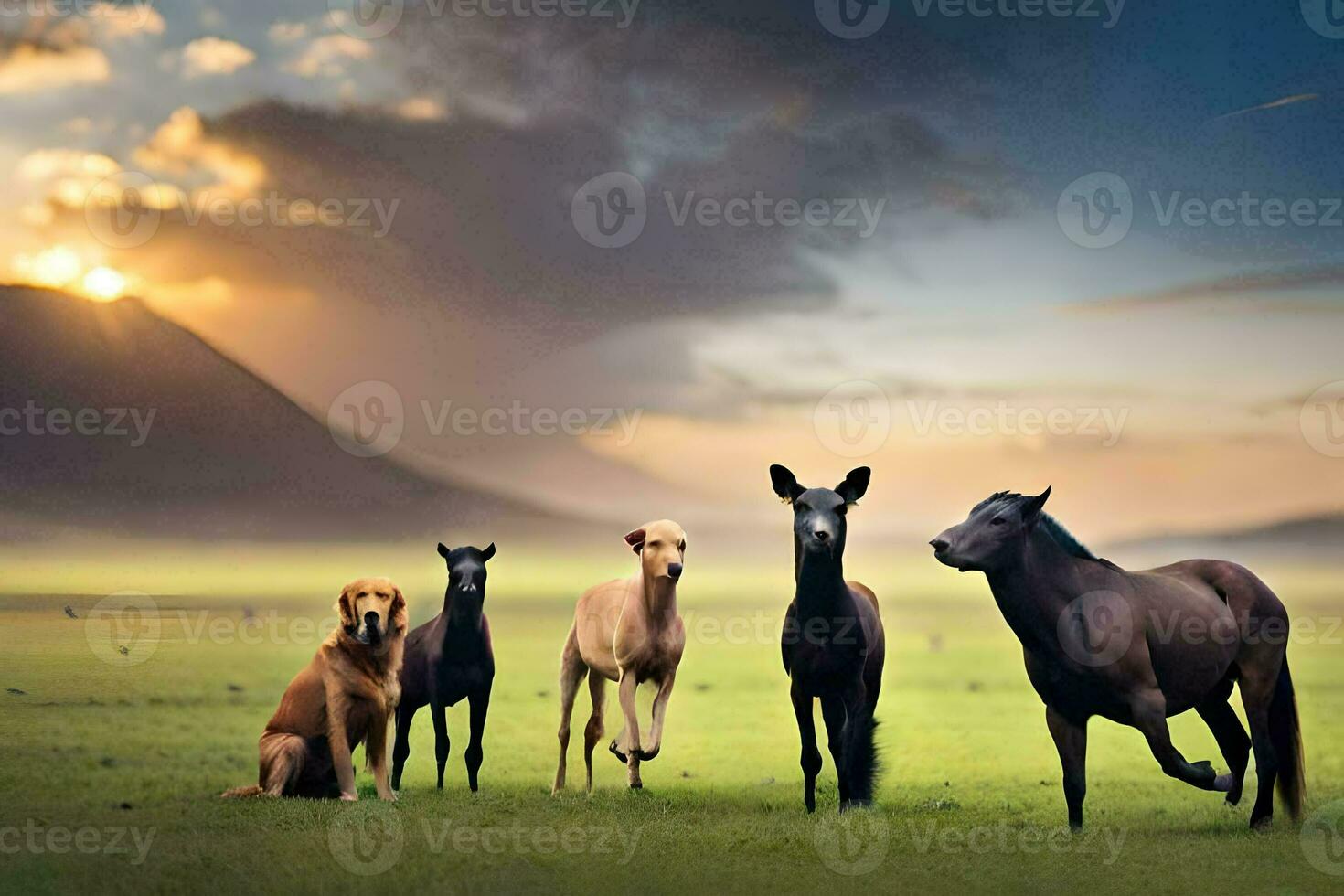 a group of horses and dogs are standing in the grass. AI-Generated photo