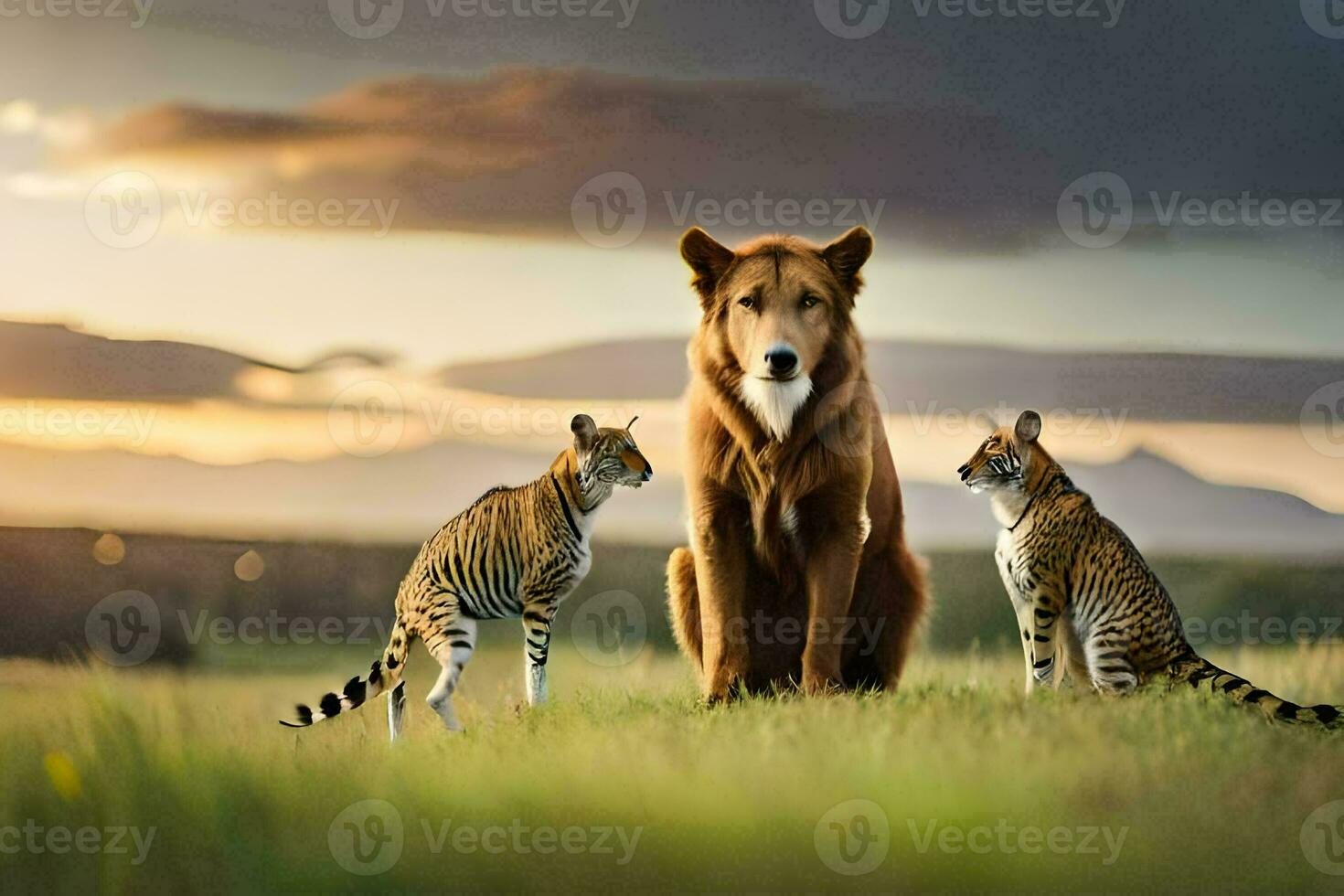 a tiger and two cats in a field. AI-Generated photo