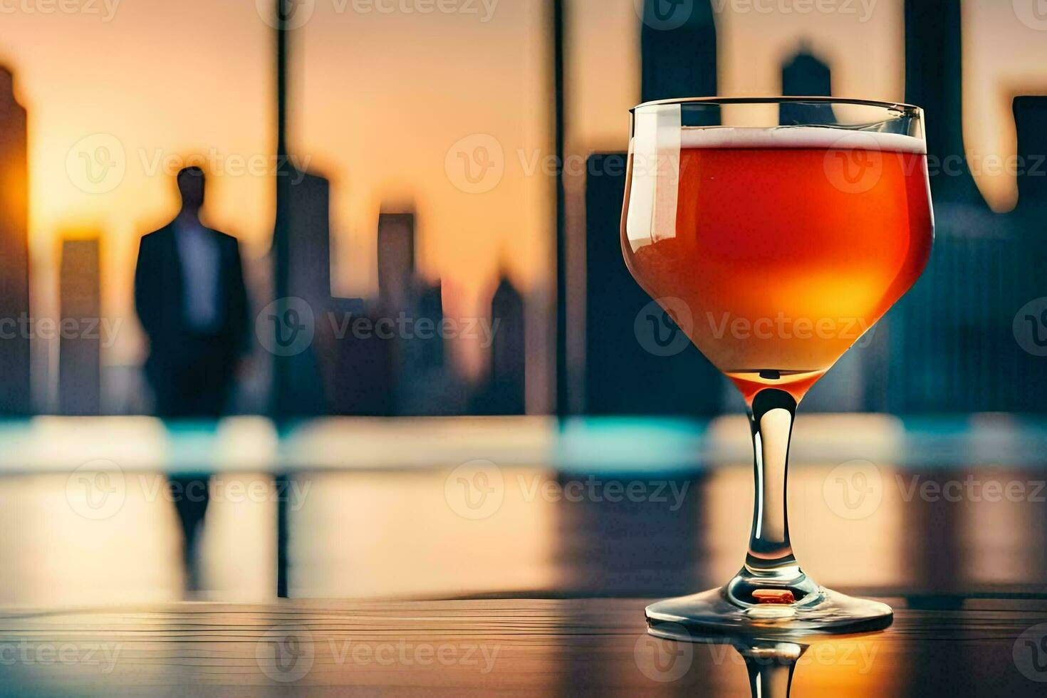 a glass of beer on a table in front of a cityscape. AI-Generated photo