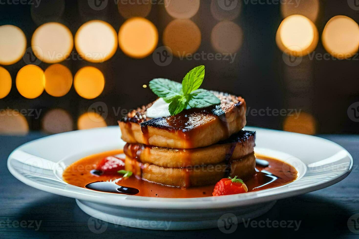 a plate of food with strawberries and syrup. AI-Generated photo