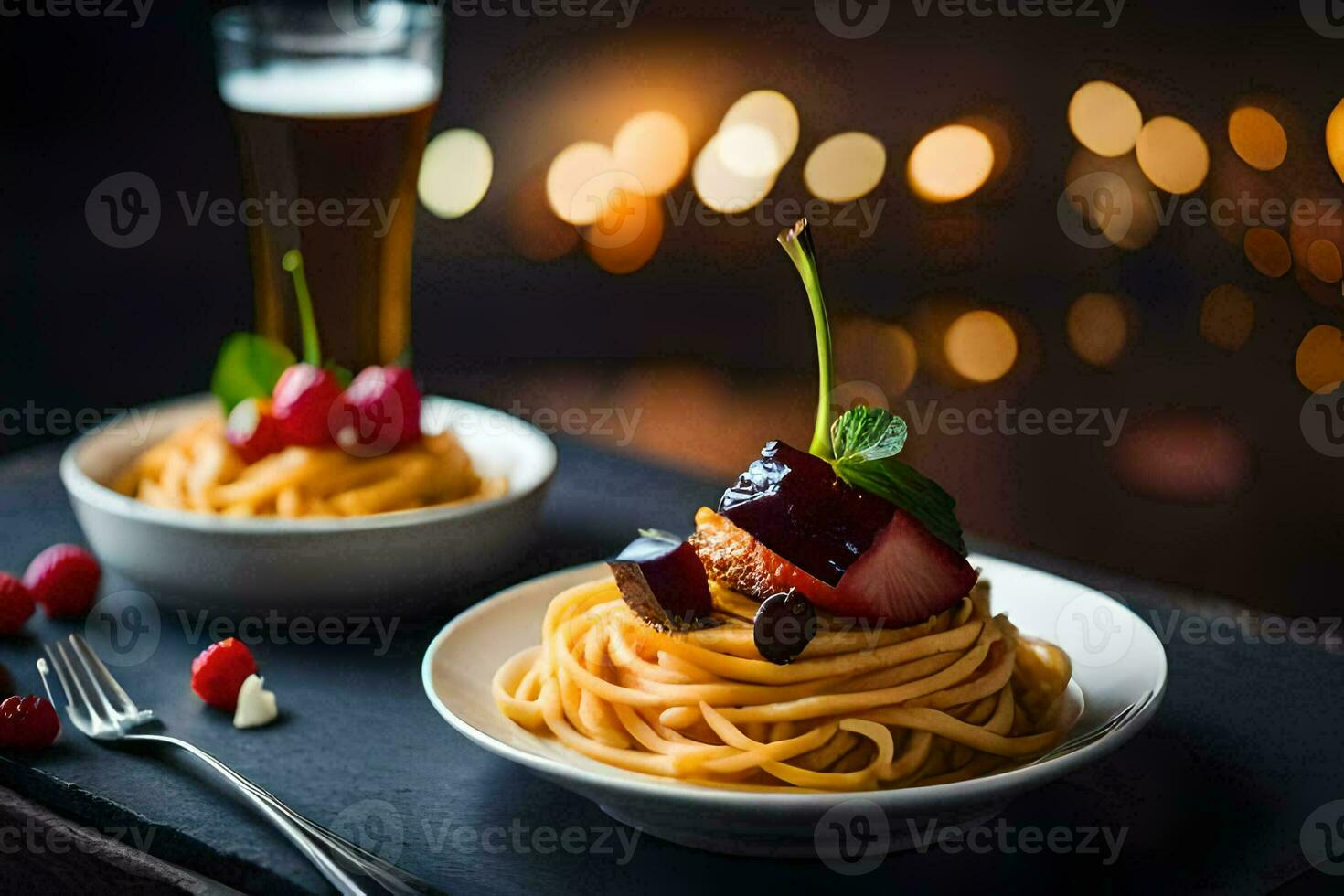 spaghetti with berries and a beer. AI-Generated photo