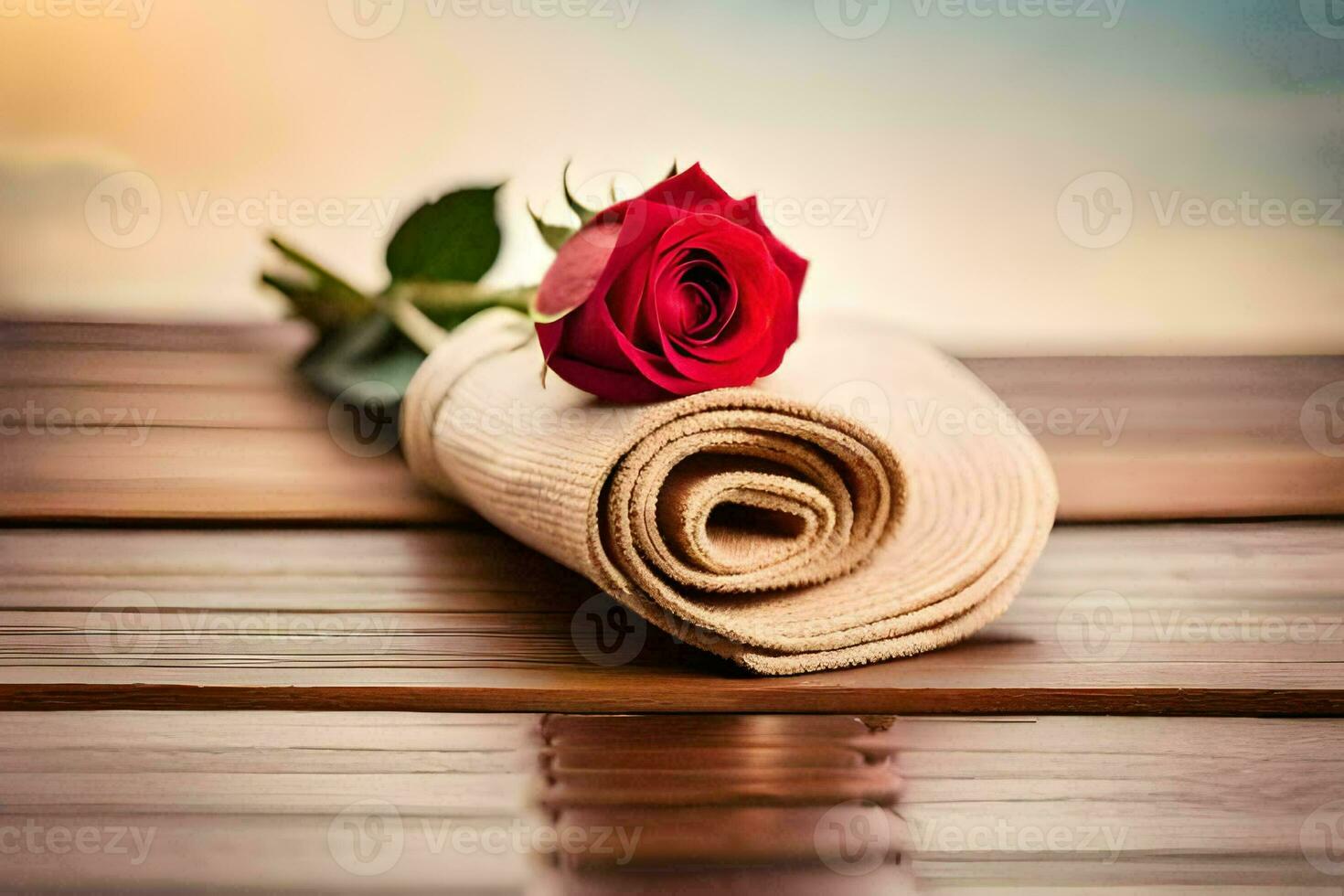 a red rose on a towel on a wooden table. AI-Generated photo