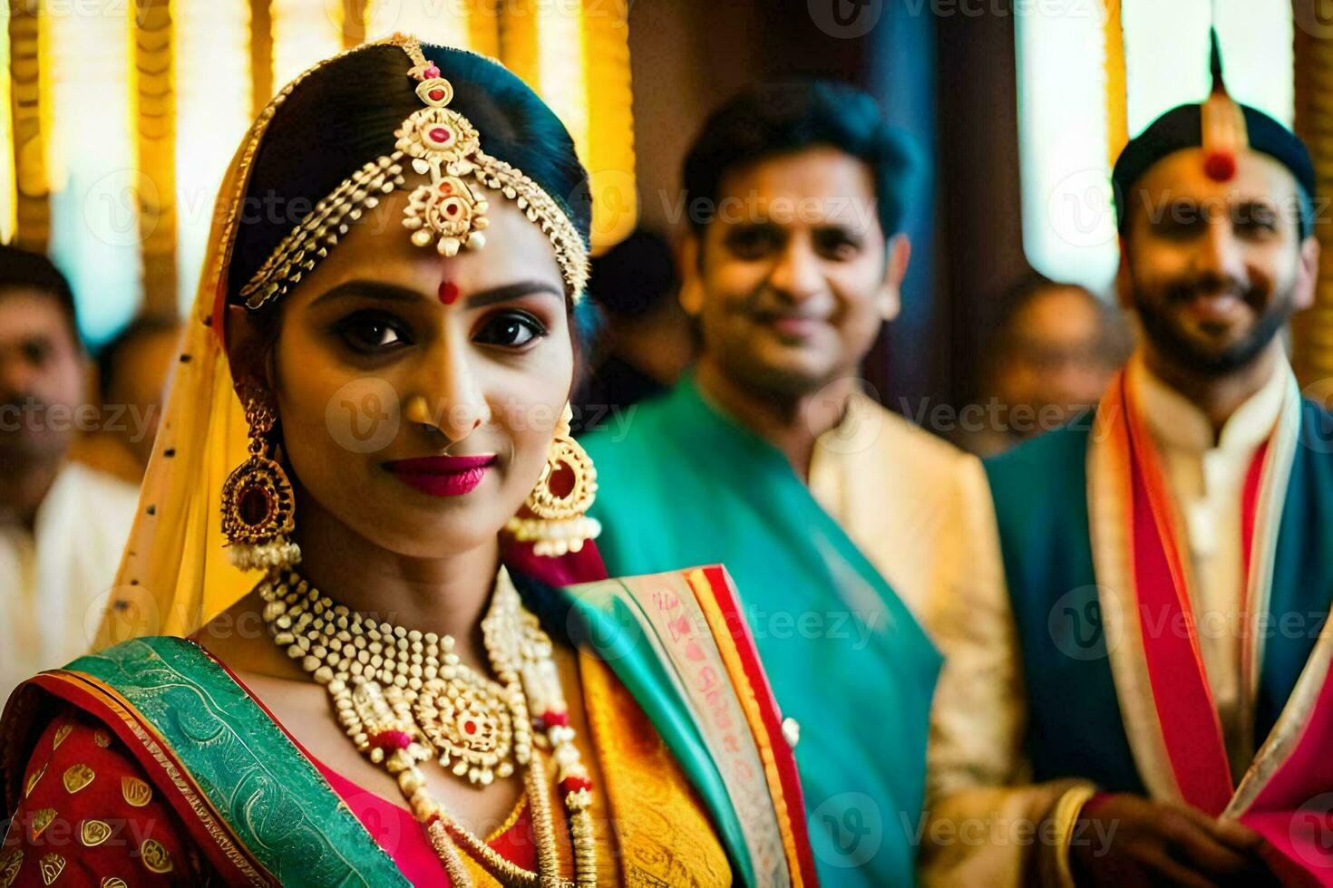 un hermosa novia en tradicional indio atuendo. generado por ai foto
