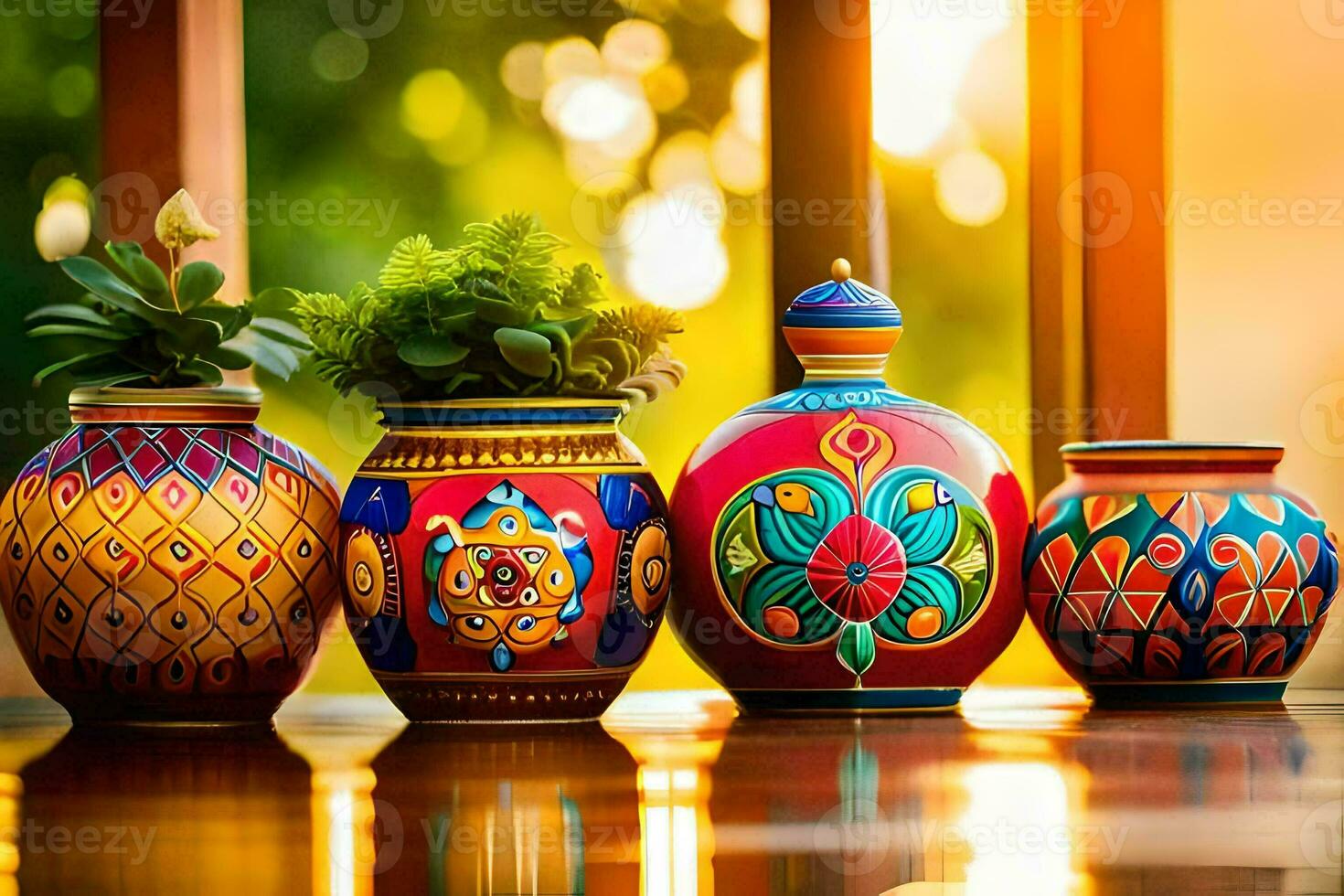 colorful vases with plants on the table. AI-Generated photo