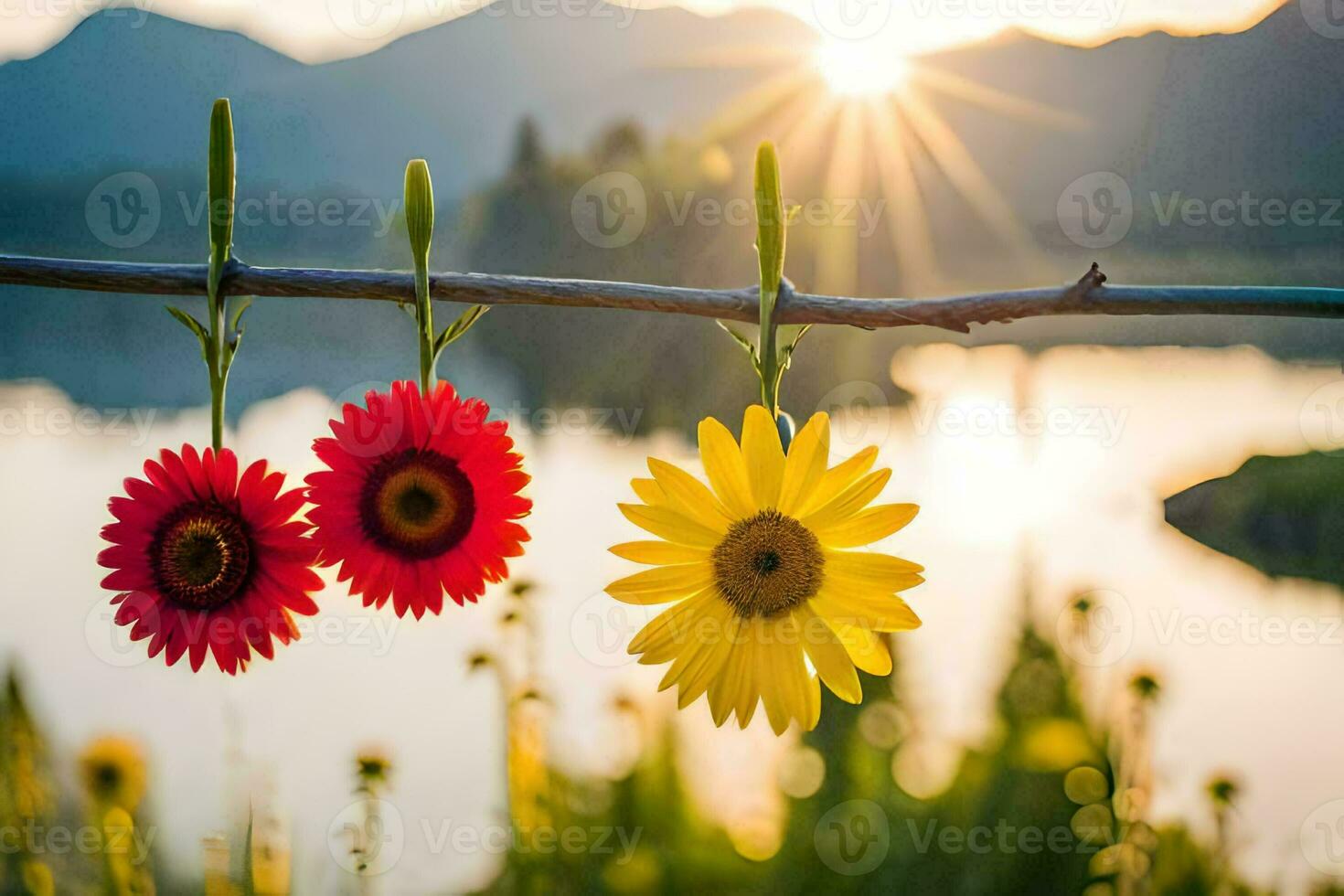 three flowers hanging from a branch with the sun in the background. AI-Generated photo