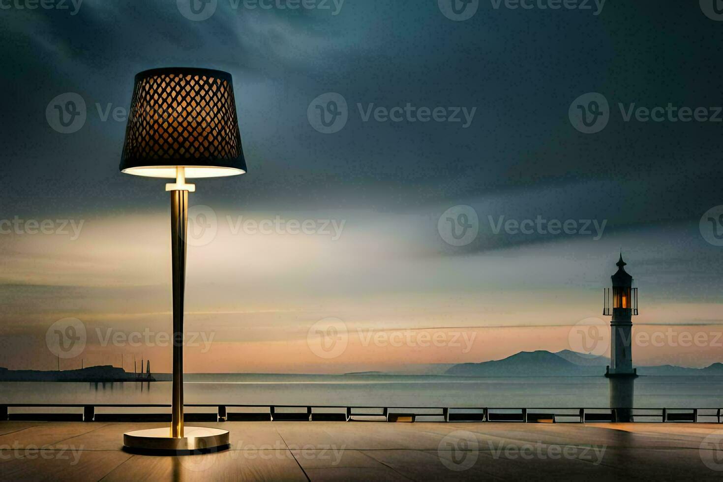 a lamp on a wooden floor near the ocean. AI-Generated photo