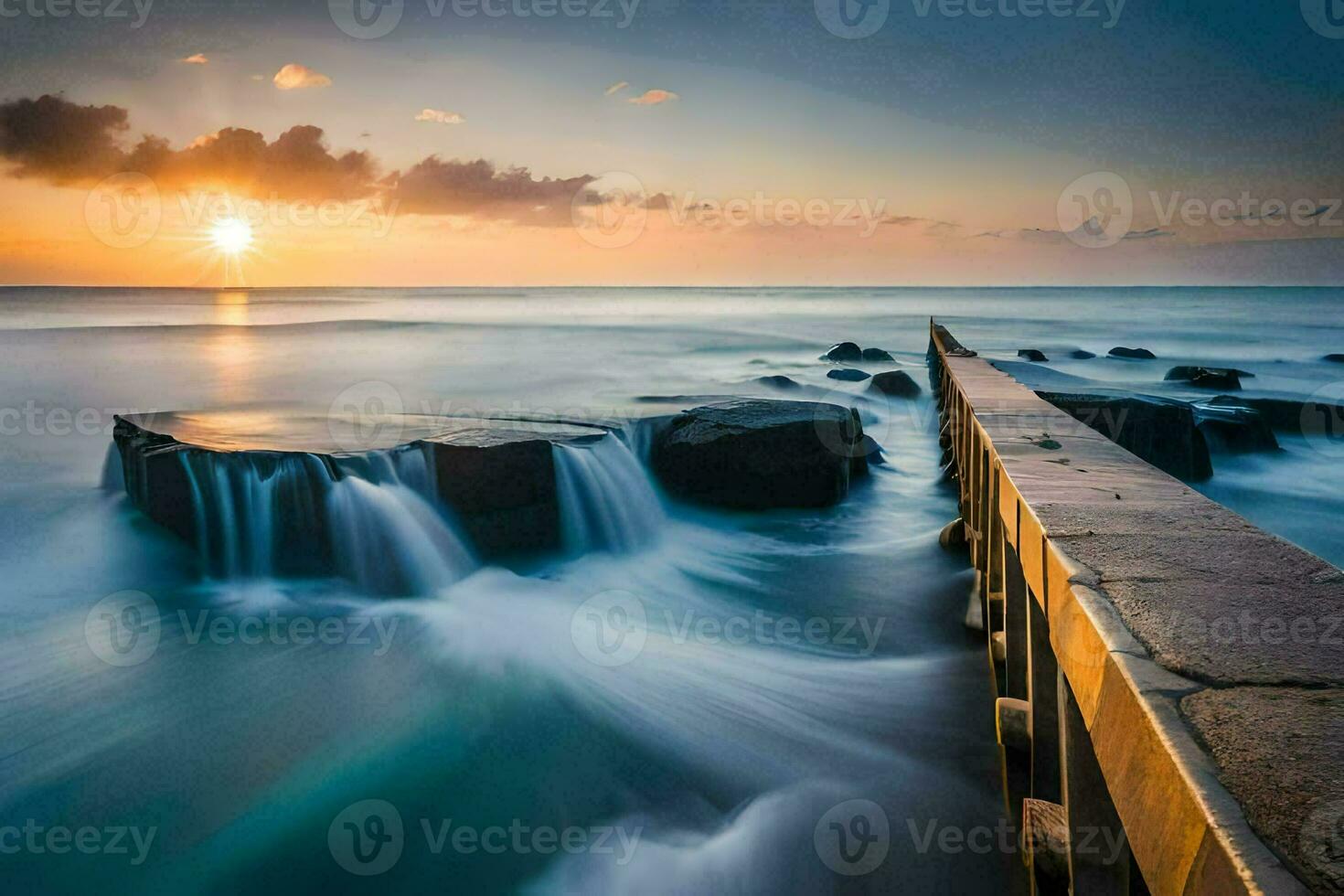 the sun sets over the ocean and waves crash into the rocks. AI-Generated photo