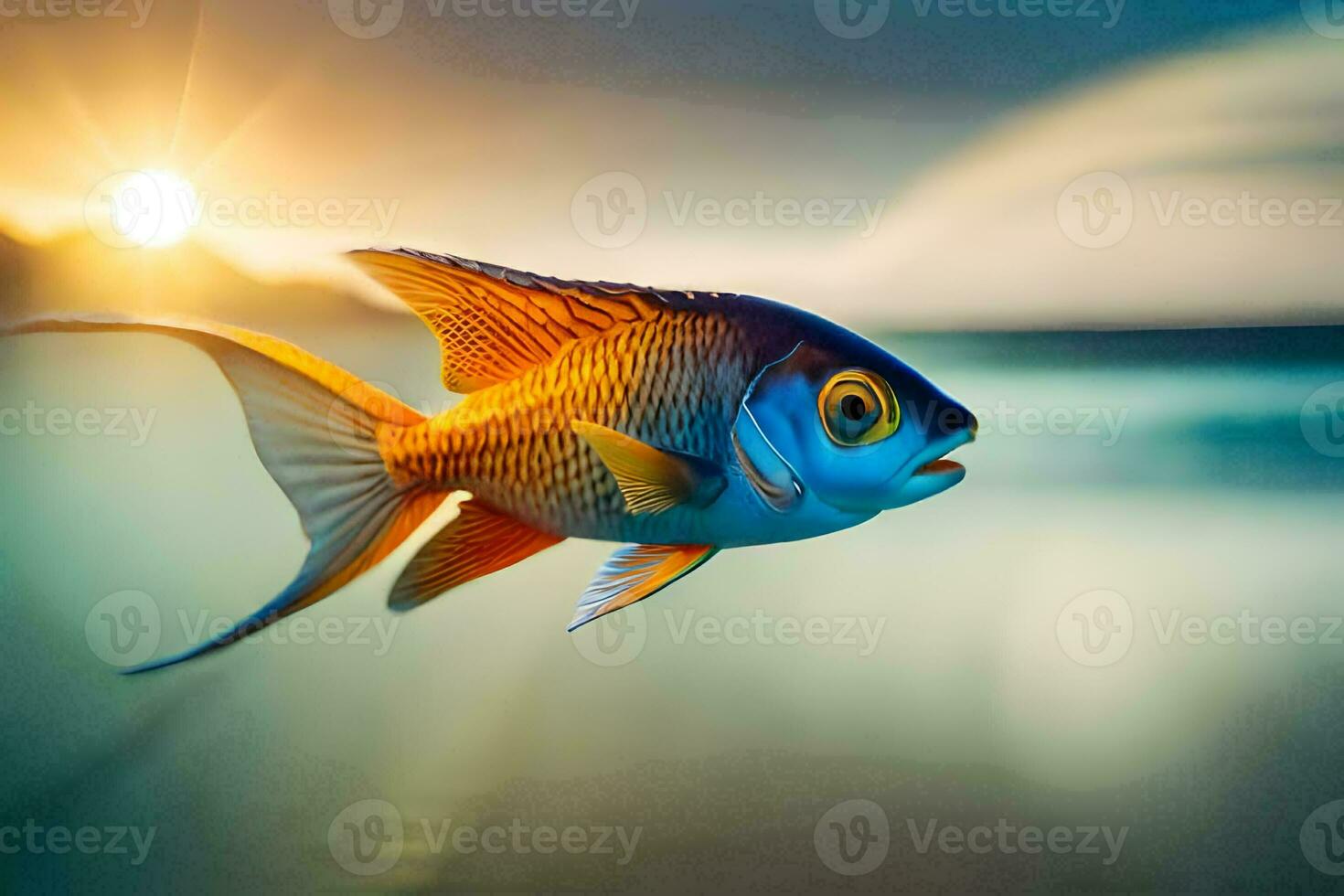 a fish swimming in the ocean at sunset. AI-Generated photo