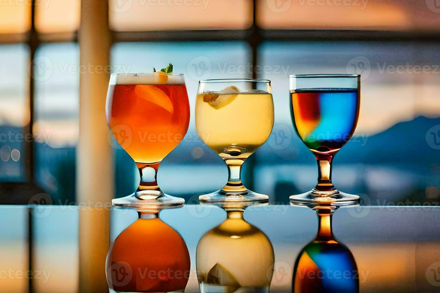 three glasses of different colored drinks on a table. AI-Generated photo