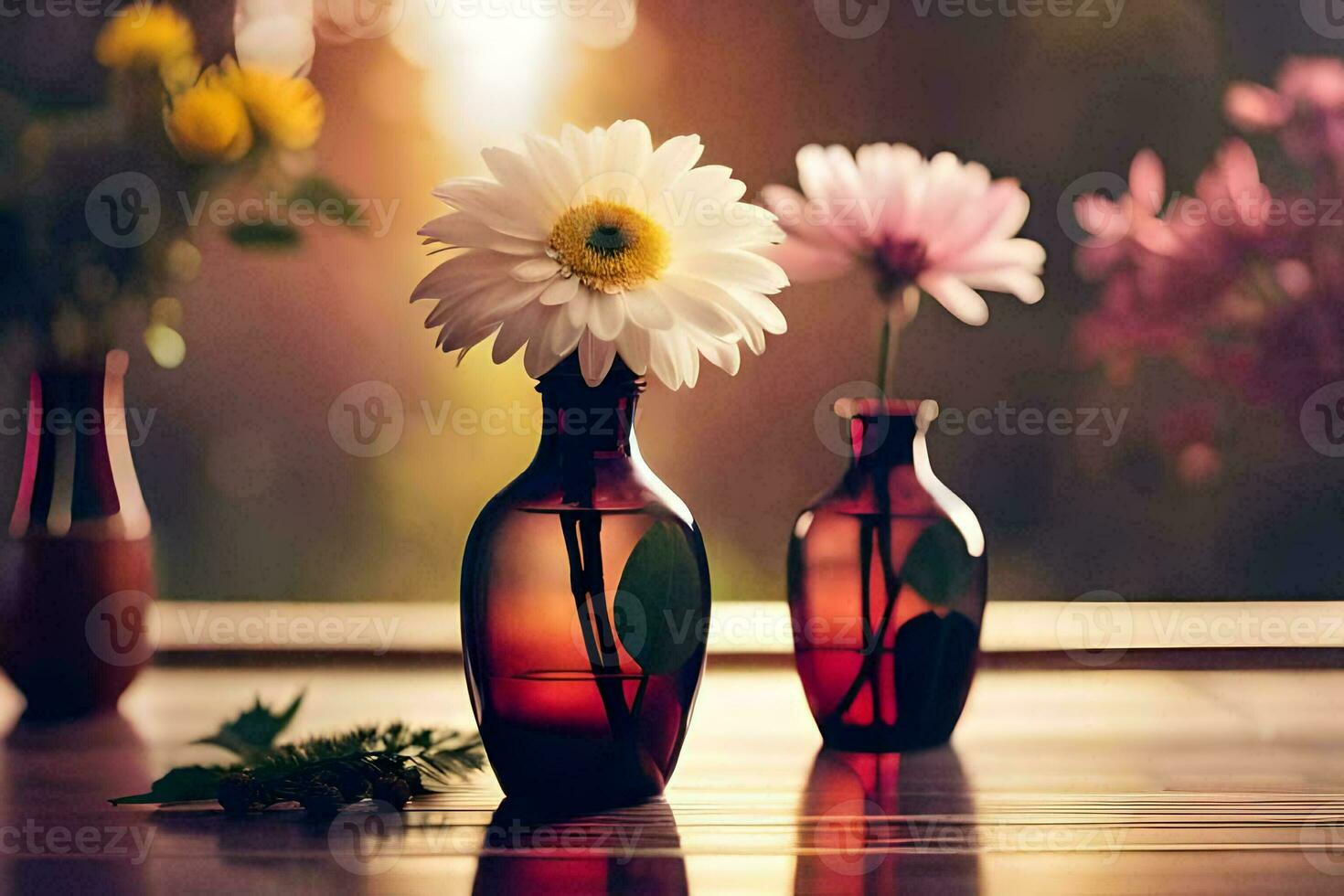 three flowers in red vases on a table. AI-Generated photo