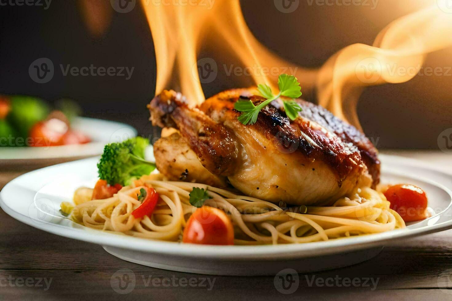 a chicken breast is on fire with spaghetti and broccoli. AI-Generated photo