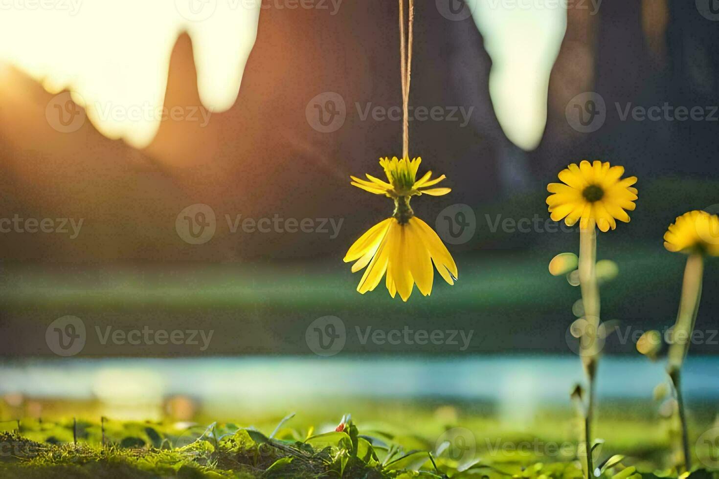 yellow flowers hanging from a rope in front of a lake. AI-Generated photo