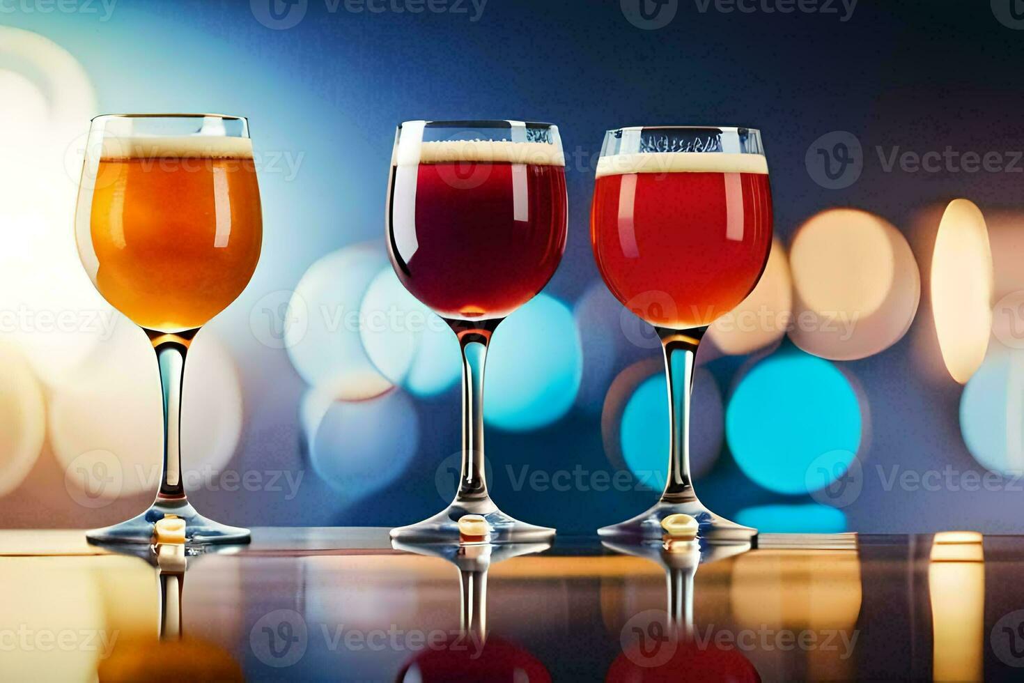 three glasses of beer on a table with a blurred background. AI-Generated photo