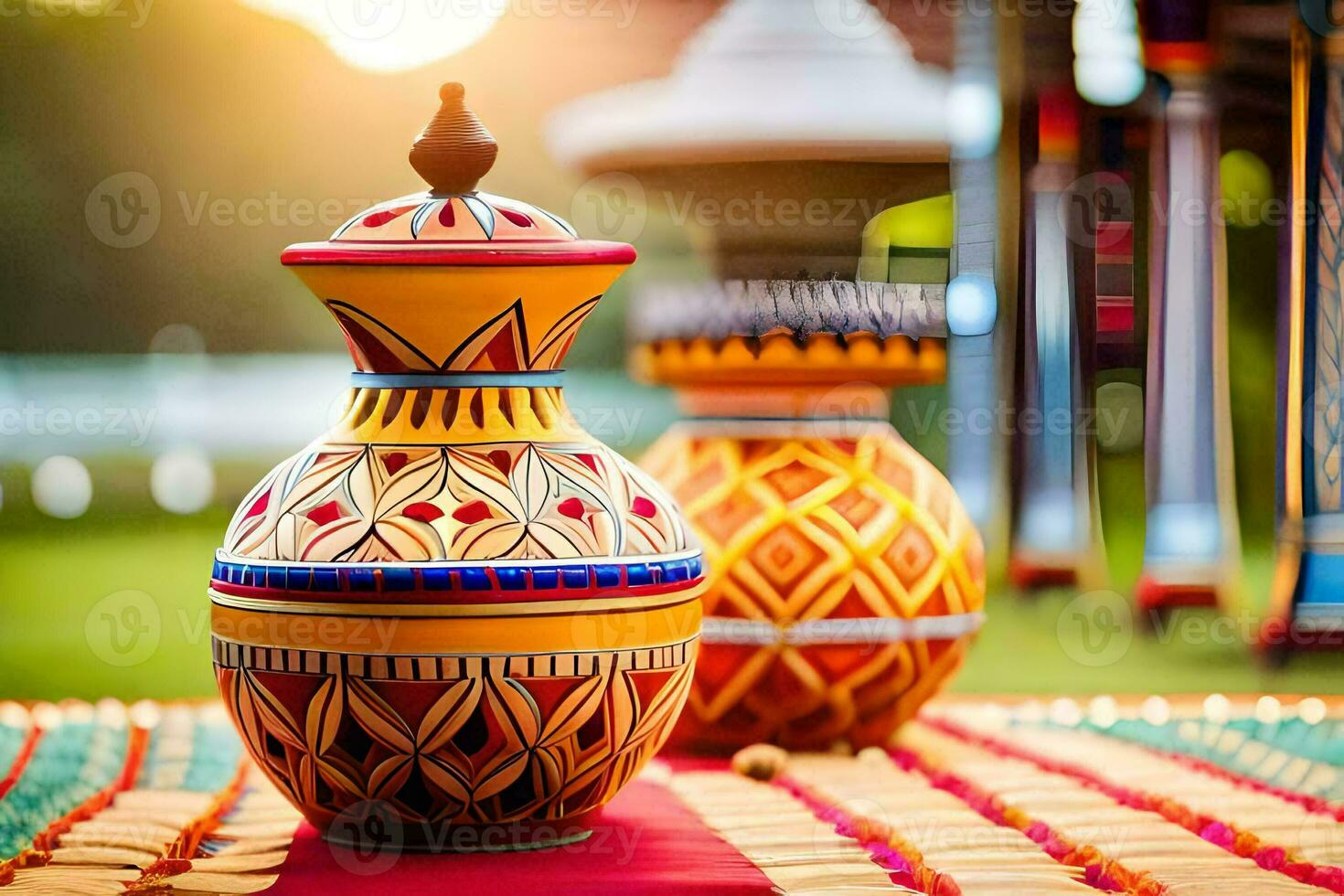 colorful vases on a table with a sun shining in the background. AI-Generated photo