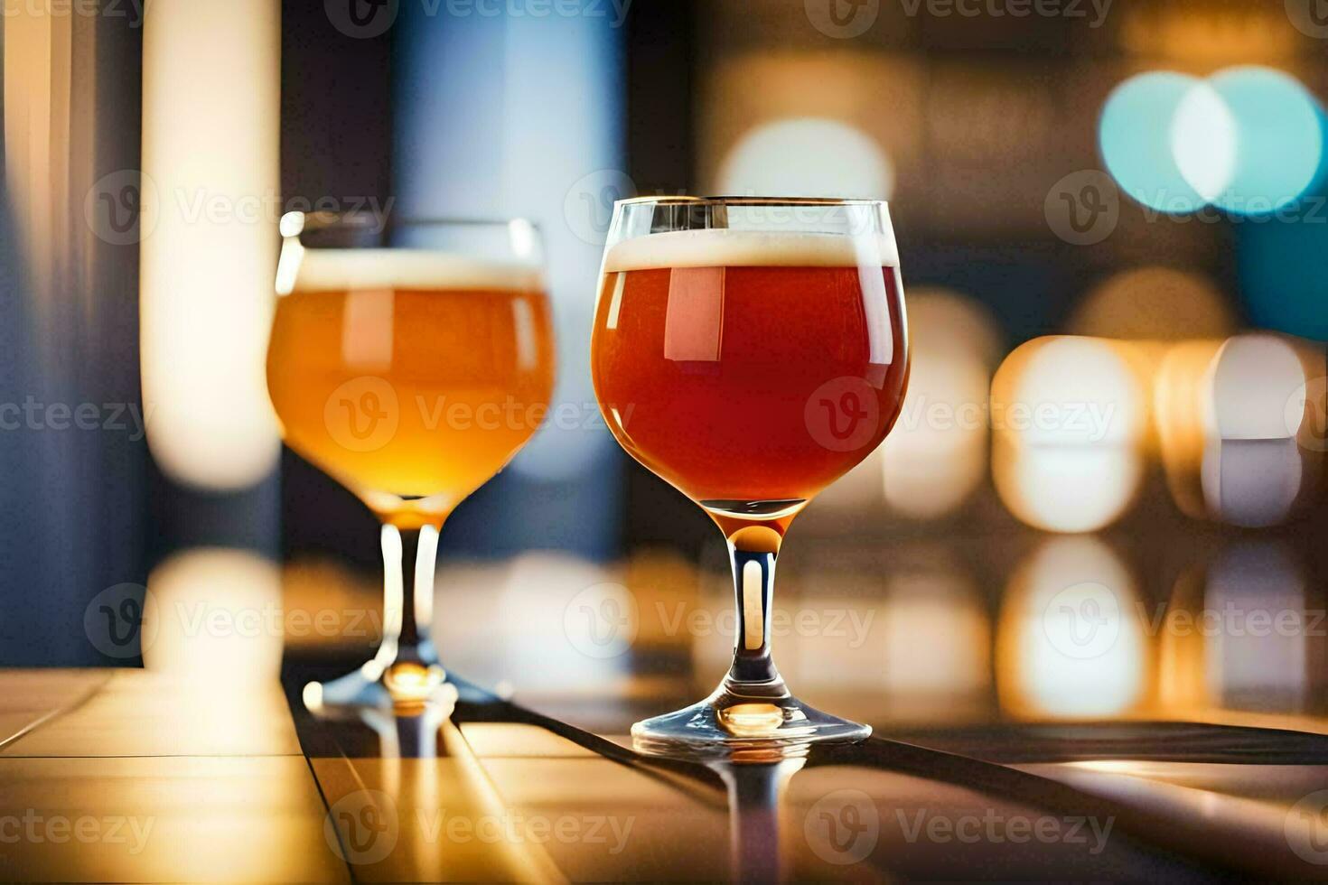 two glasses of beer on a table in front of a blurry background. AI-Generated photo
