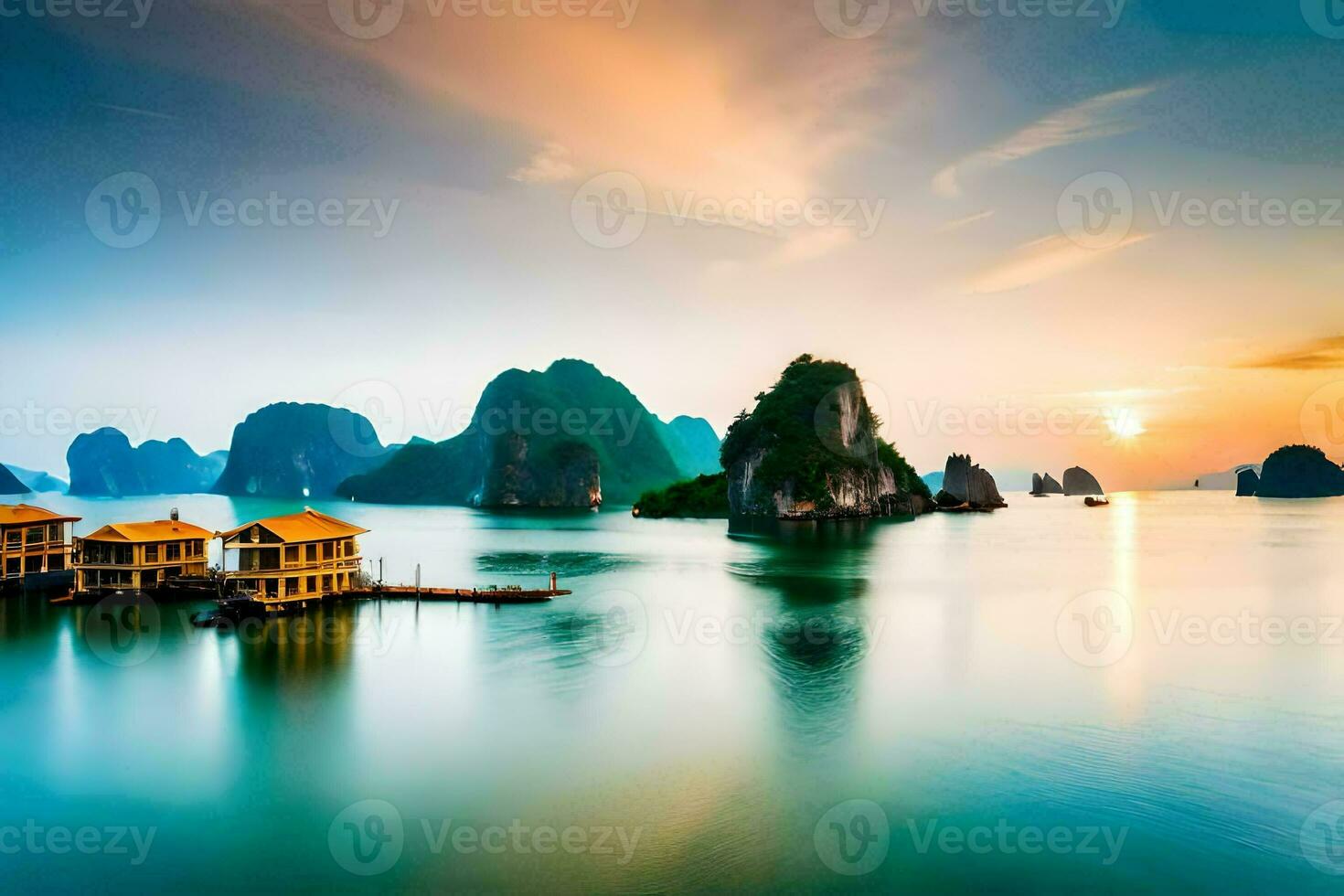 the sunset over halong bay, vietnam. AI-Generated photo