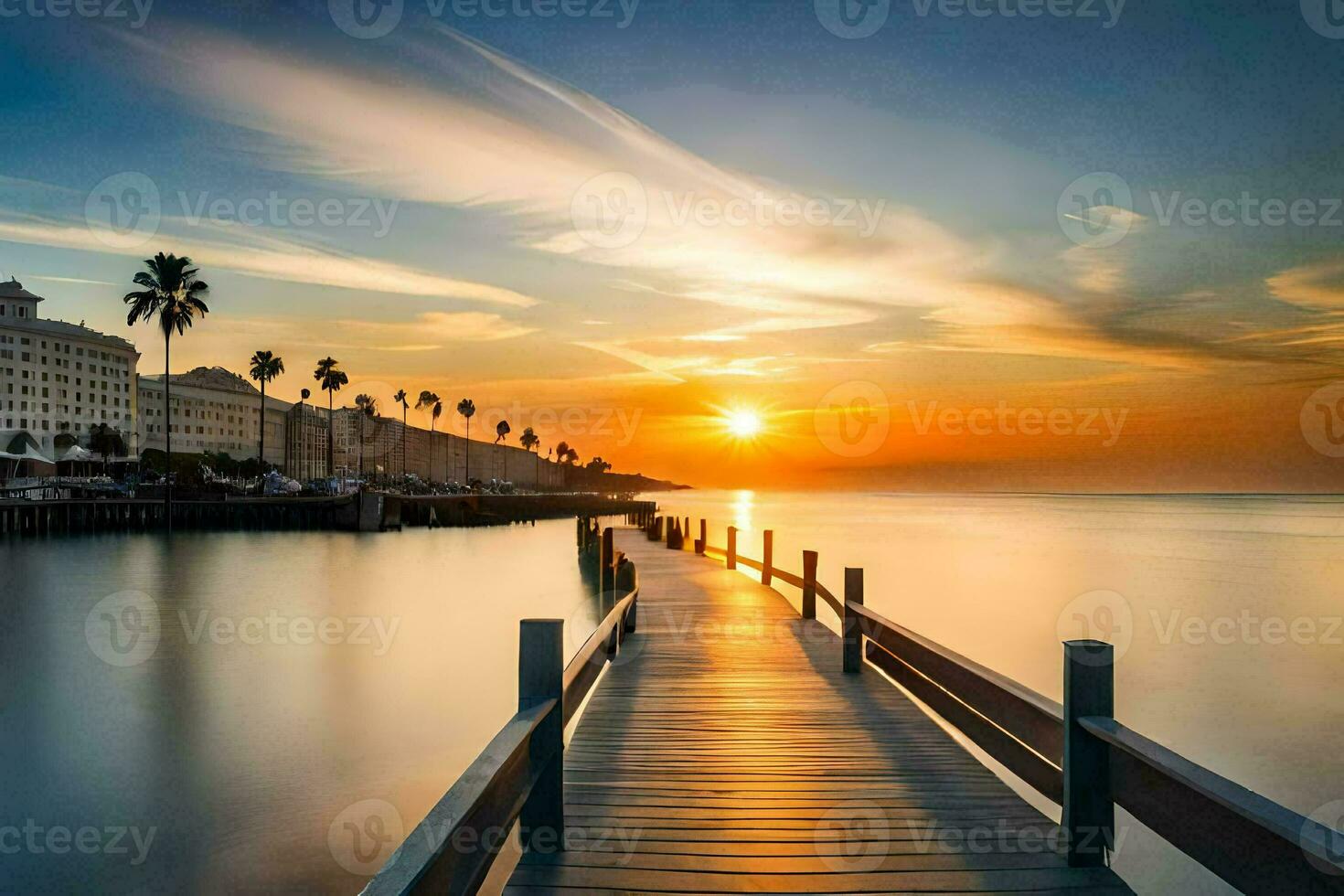 a pier in the ocean at sunset. AI-Generated photo