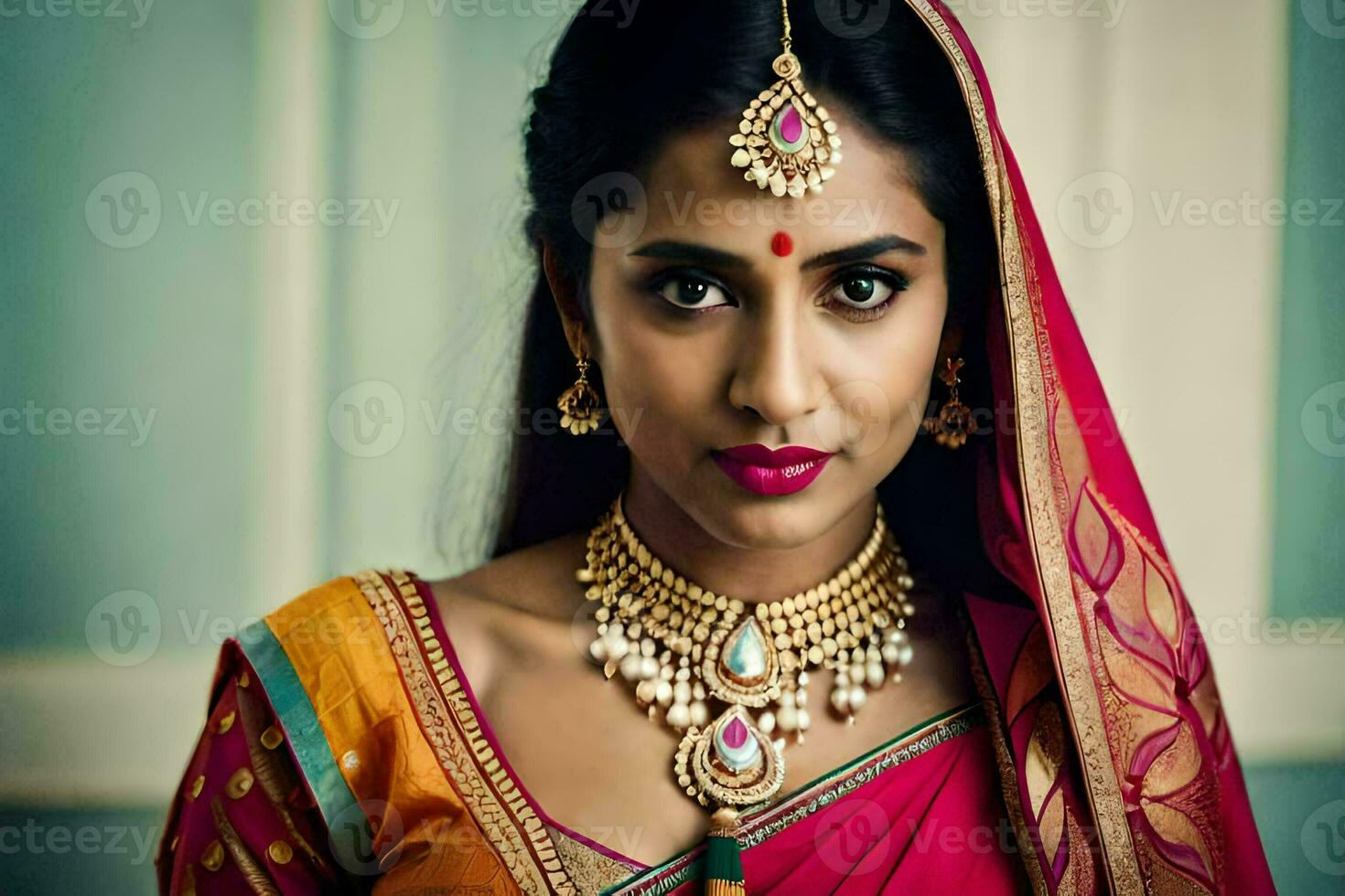 a beautiful indian woman wearing a traditional sari. AI-Generated photo