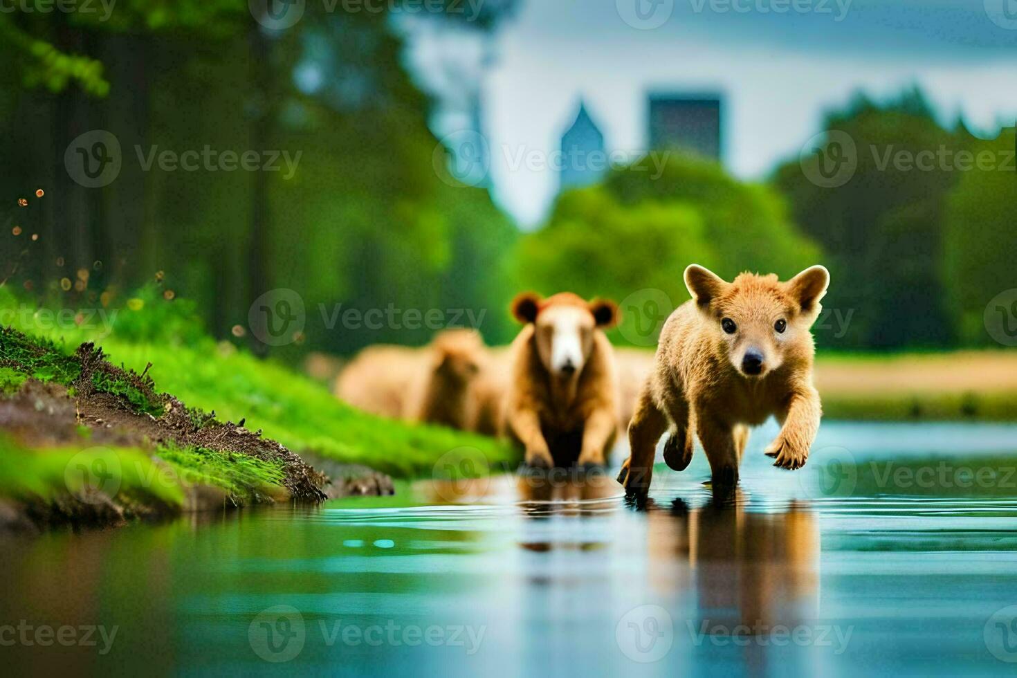 a group of brown bears running across a river. AI-Generated photo