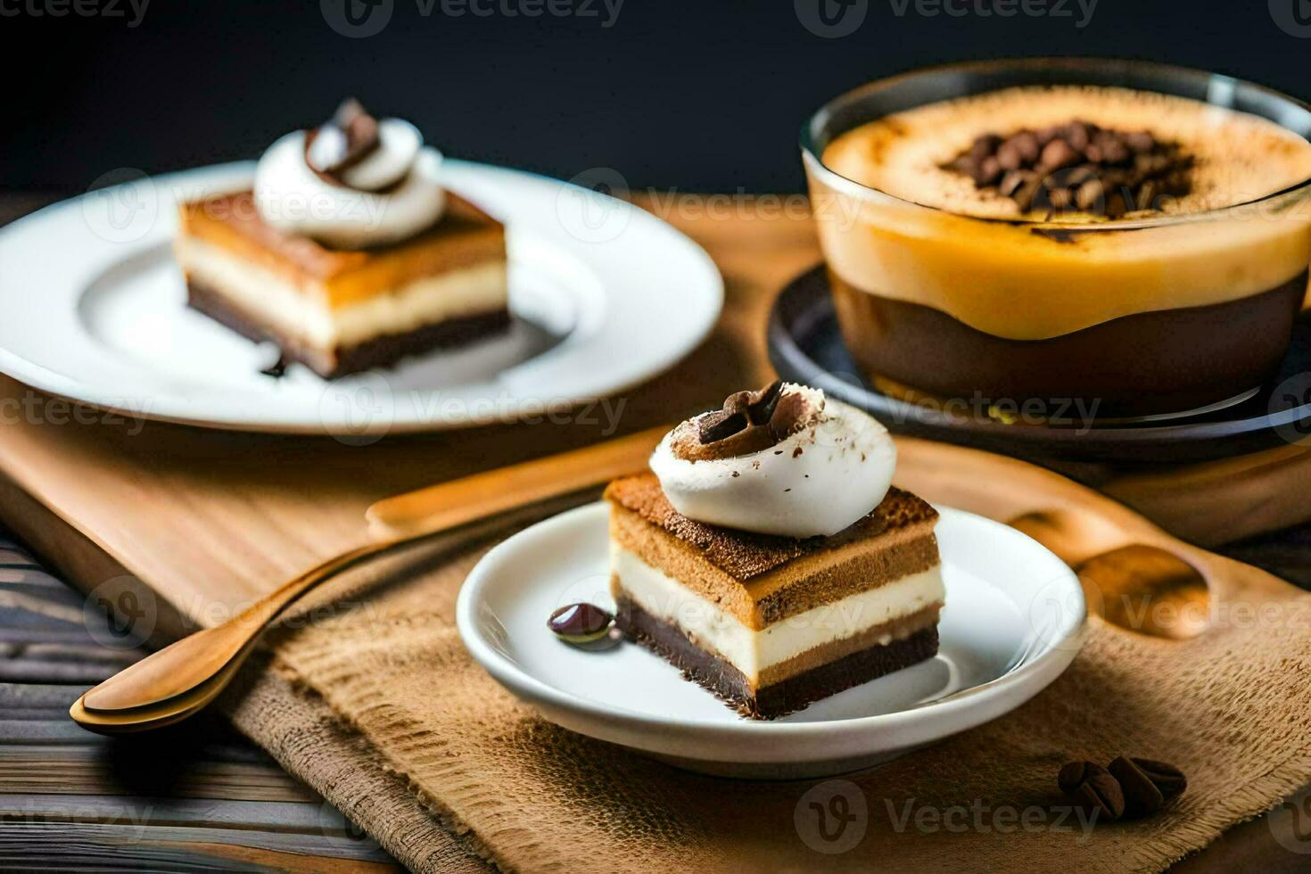 a dessert with coffee and a cake on a table. AI-Generated photo