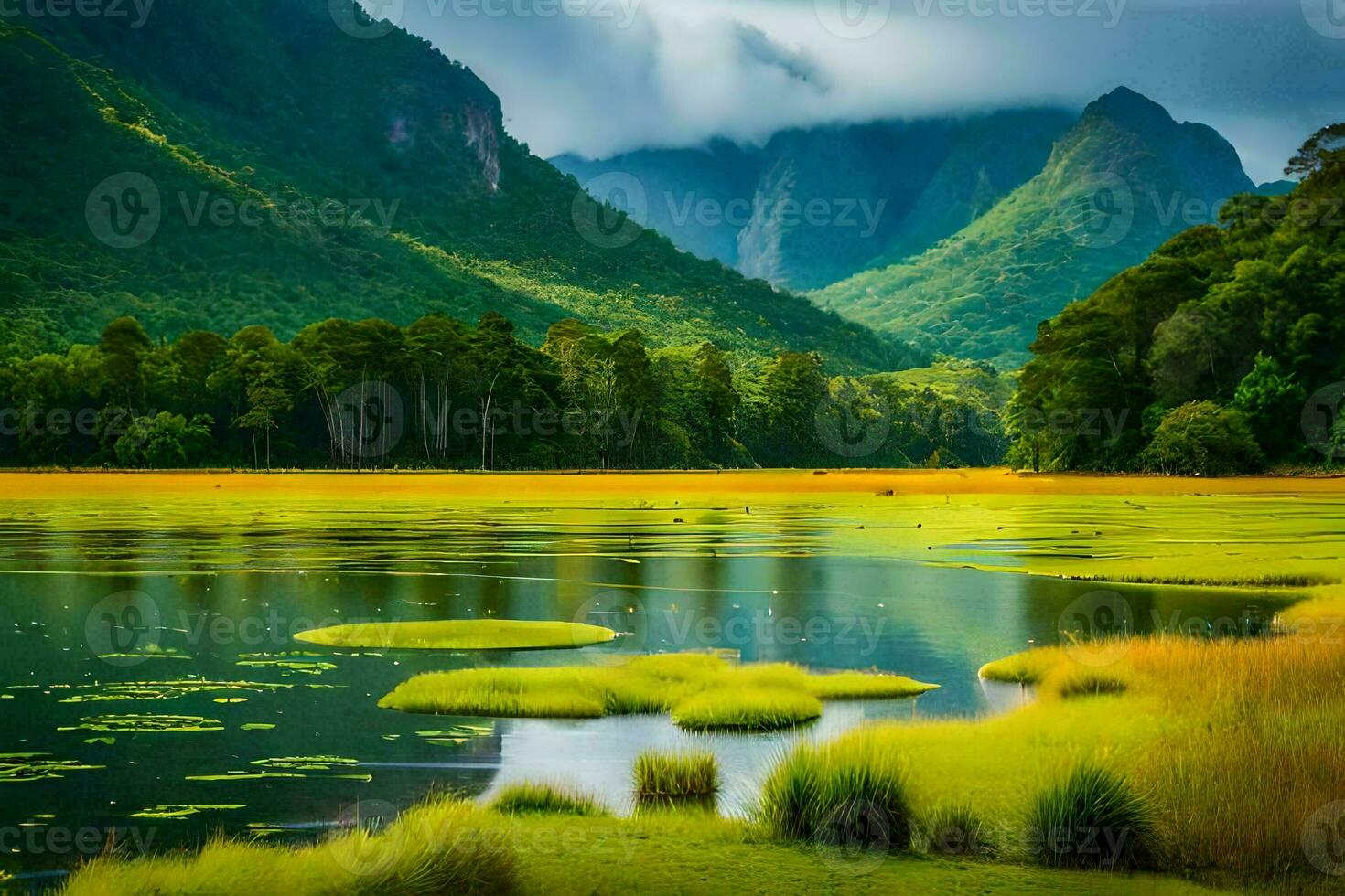 the lake is surrounded by lush green grass and trees. AI-Generated photo