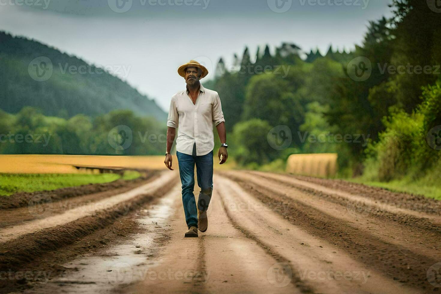 a man in a hat walks down a dirt road. AI-Generated photo