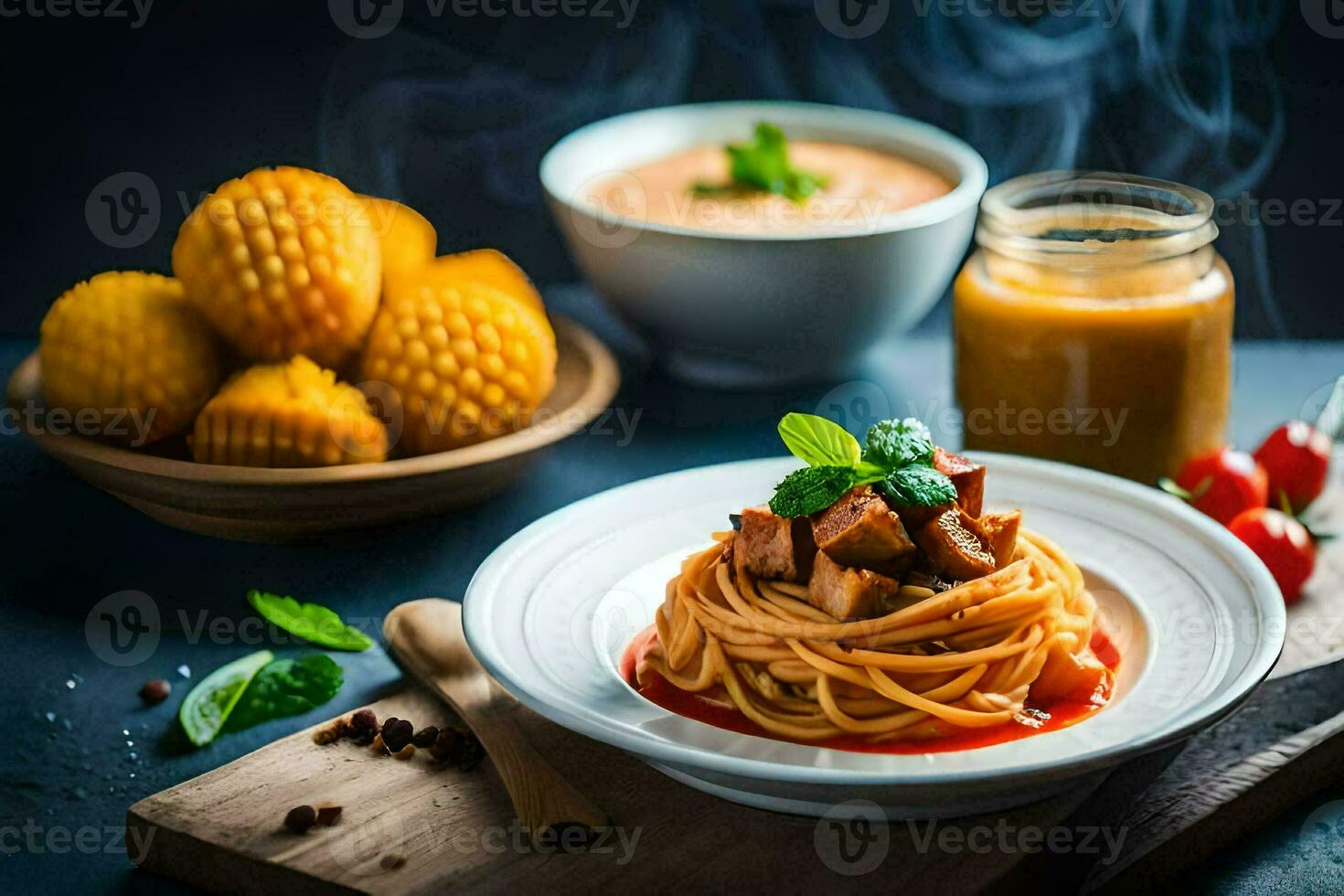 spaghetti with meat and sauce on a plate. AI-Generated photo