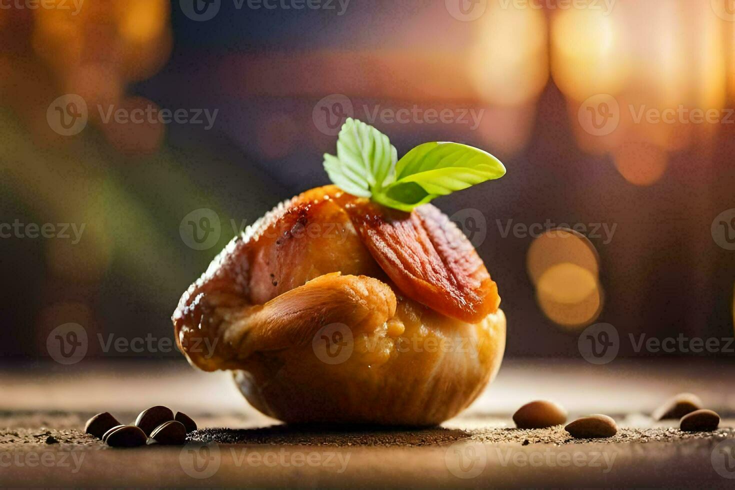 a roasted chicken with a leaf on top. AI-Generated photo