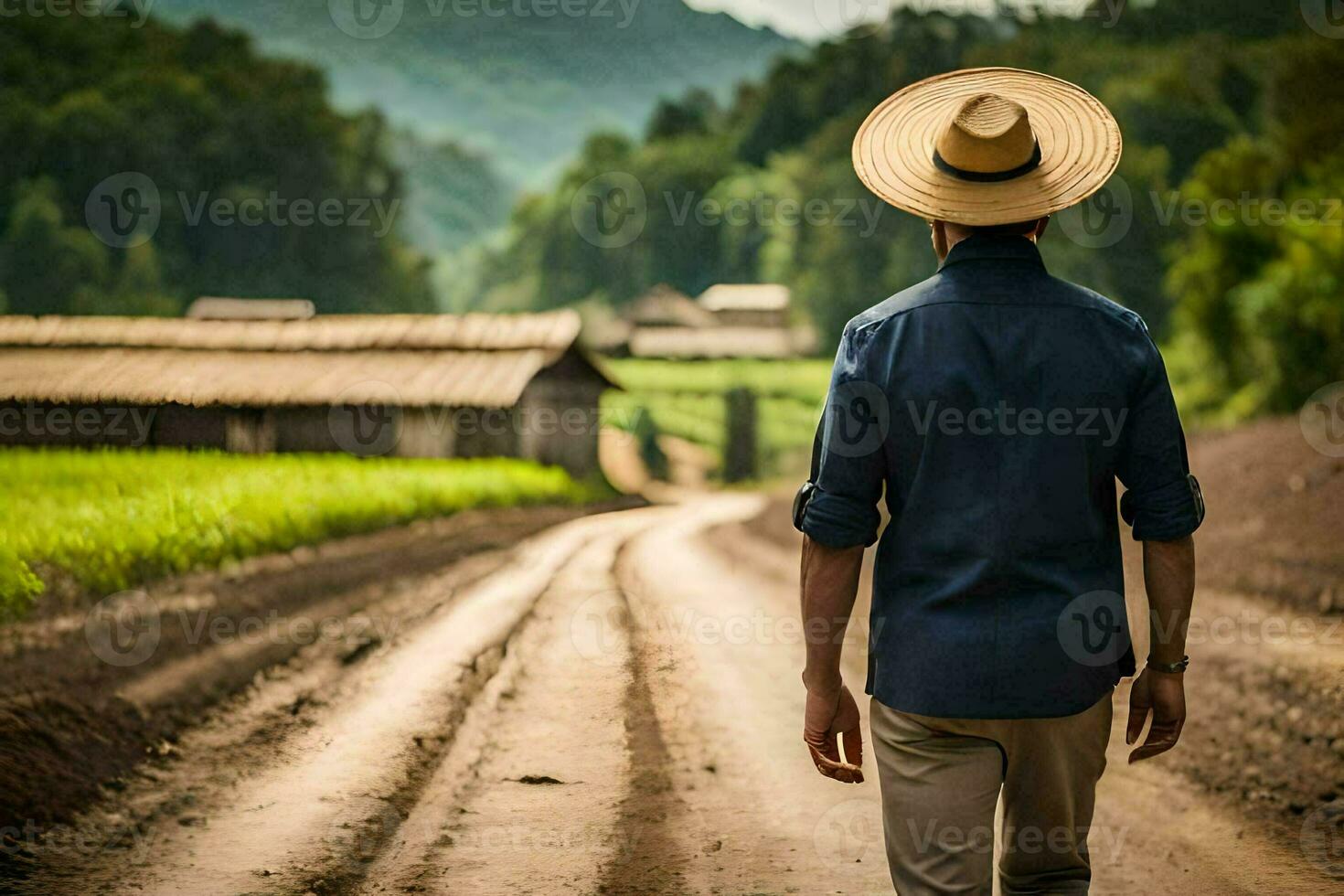 un hombre en un sombrero camina abajo un suciedad la carretera. generado por ai foto