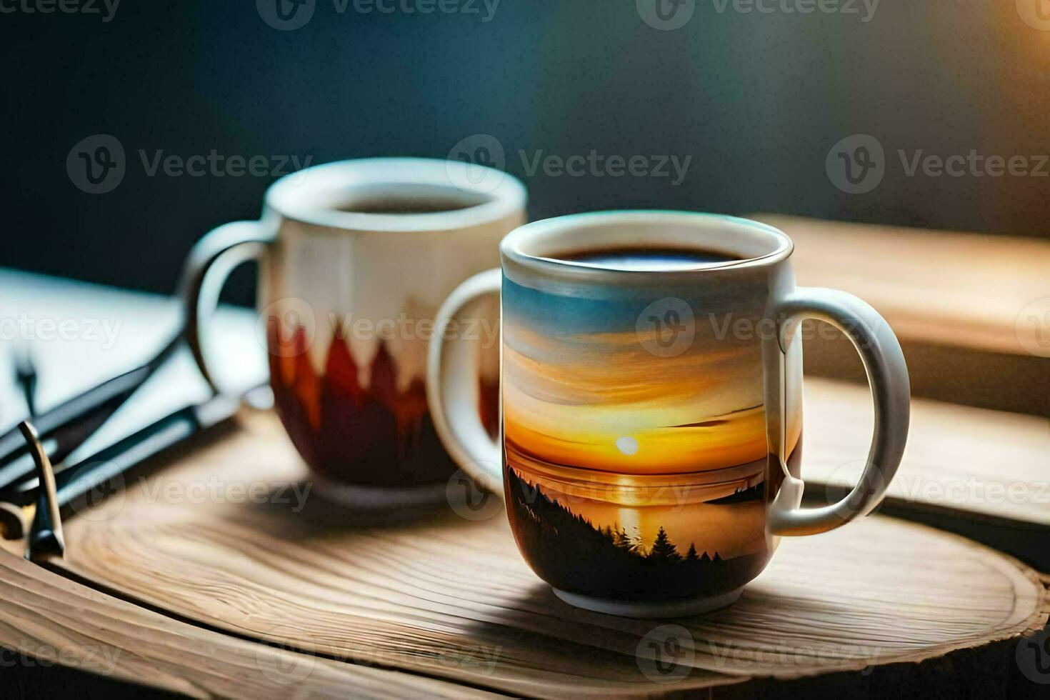 dos café tazas con un puesta de sol escena en a ellos. generado por ai foto