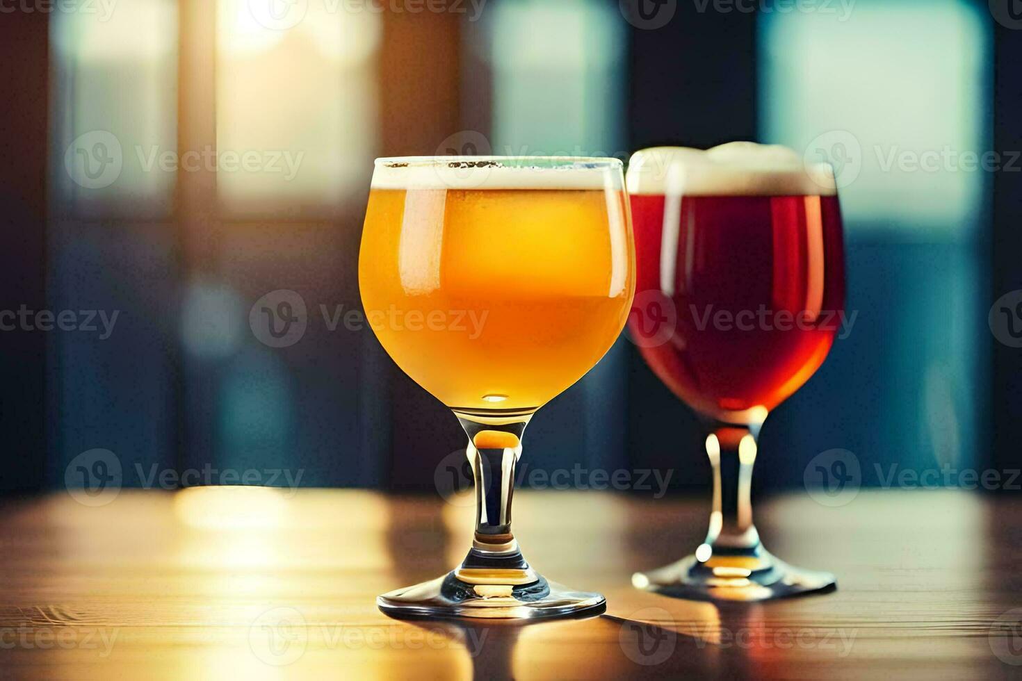 two glasses of beer on a wooden table. AI-Generated photo