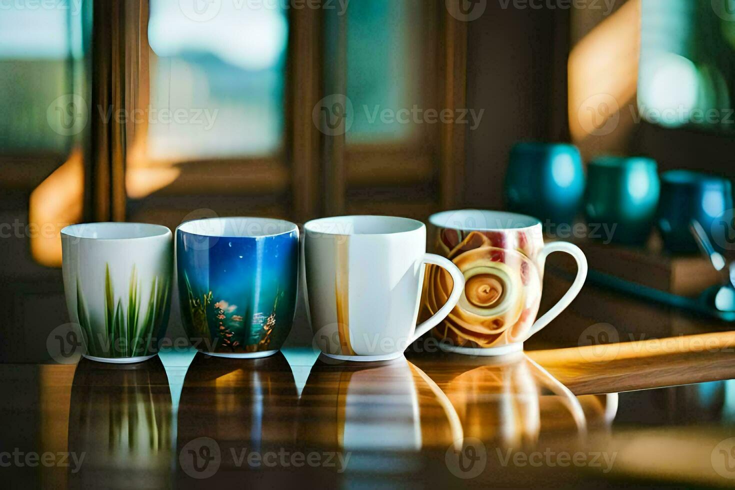 four coffee mugs lined up on a table. AI-Generated photo
