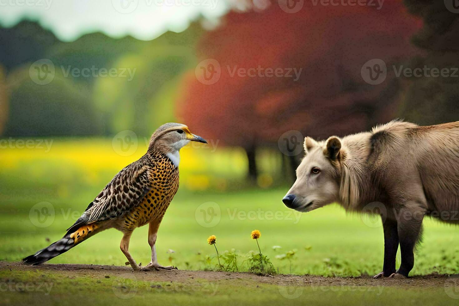 a bird and a goat standing next to each other. AI-Generated photo