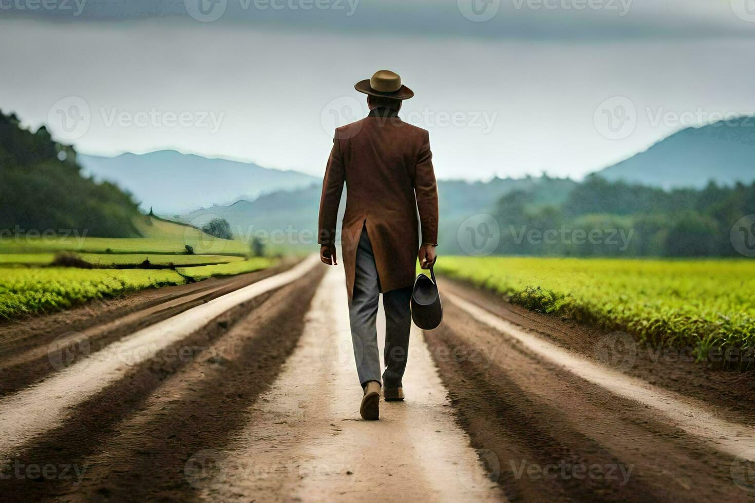 a man in a suit and hat walking down a dirt road. AI-Generated photo