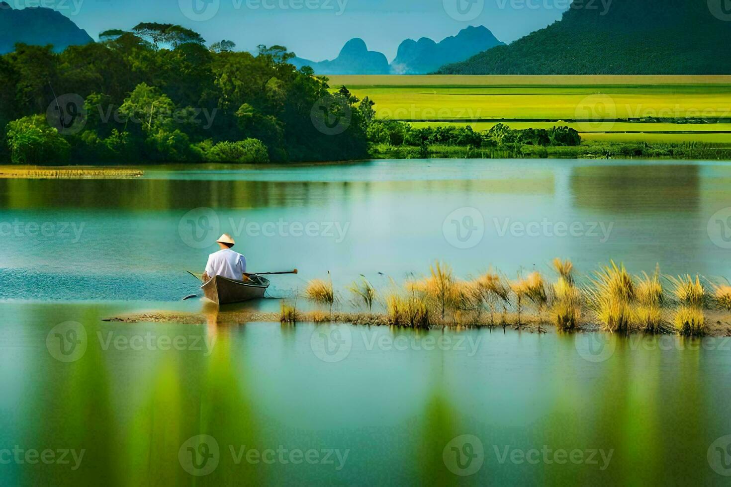 the man is rowing his boat in the middle of the lake. AI-Generated photo