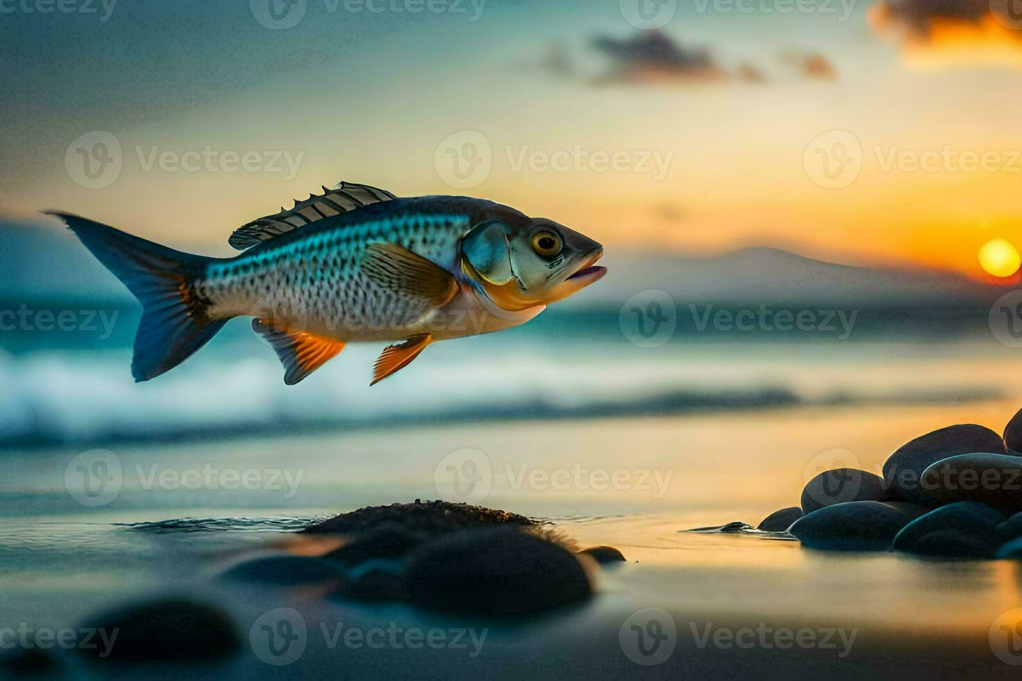 a fish is jumping out of the water at sunset. AI-Generated photo