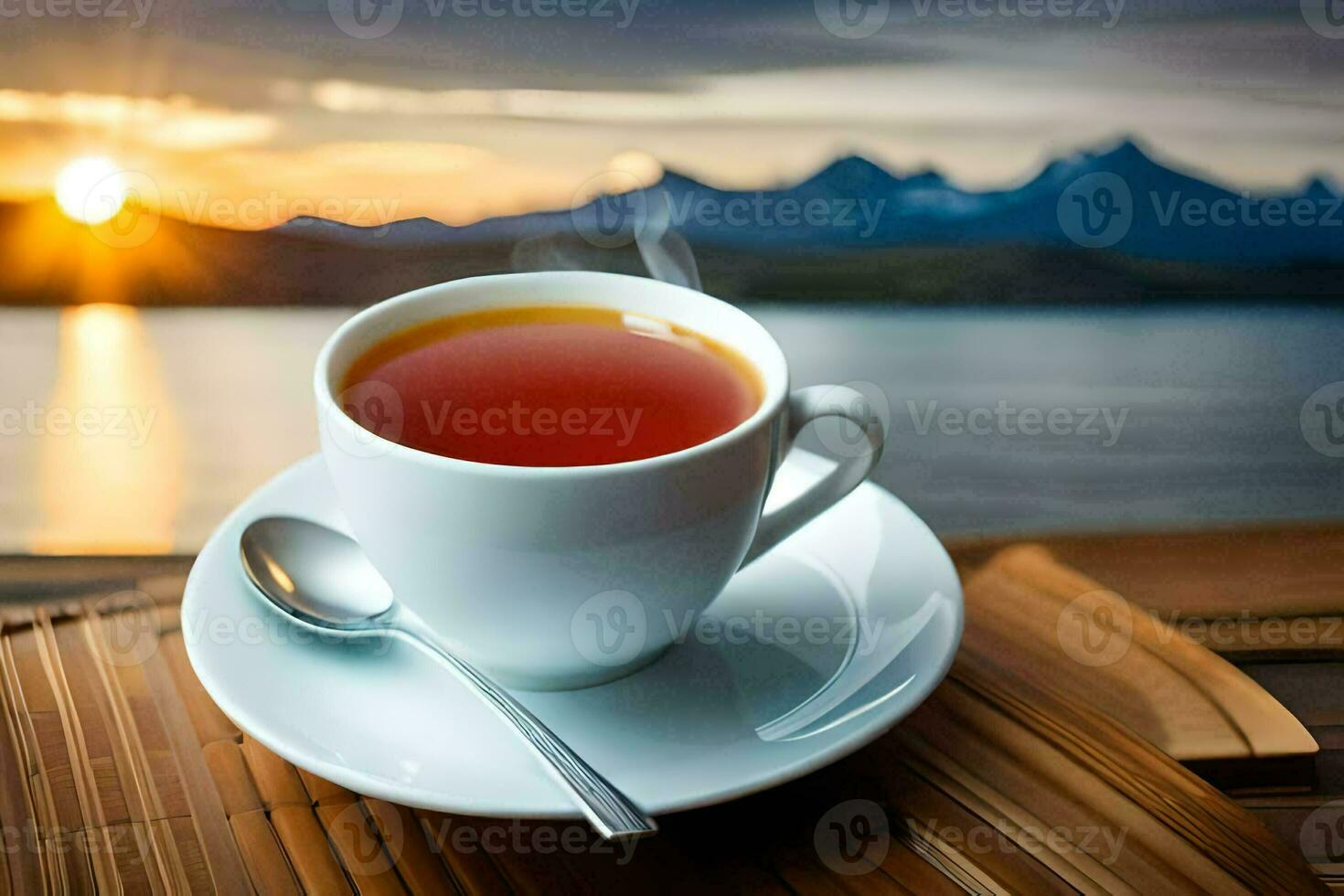 a cup of tea on a wooden table with a view of the mountains. AI-Generated photo