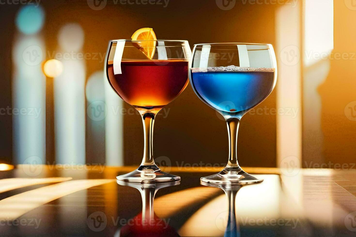 dos lentes de vino con naranja rebanadas en el mesa. generado por ai foto