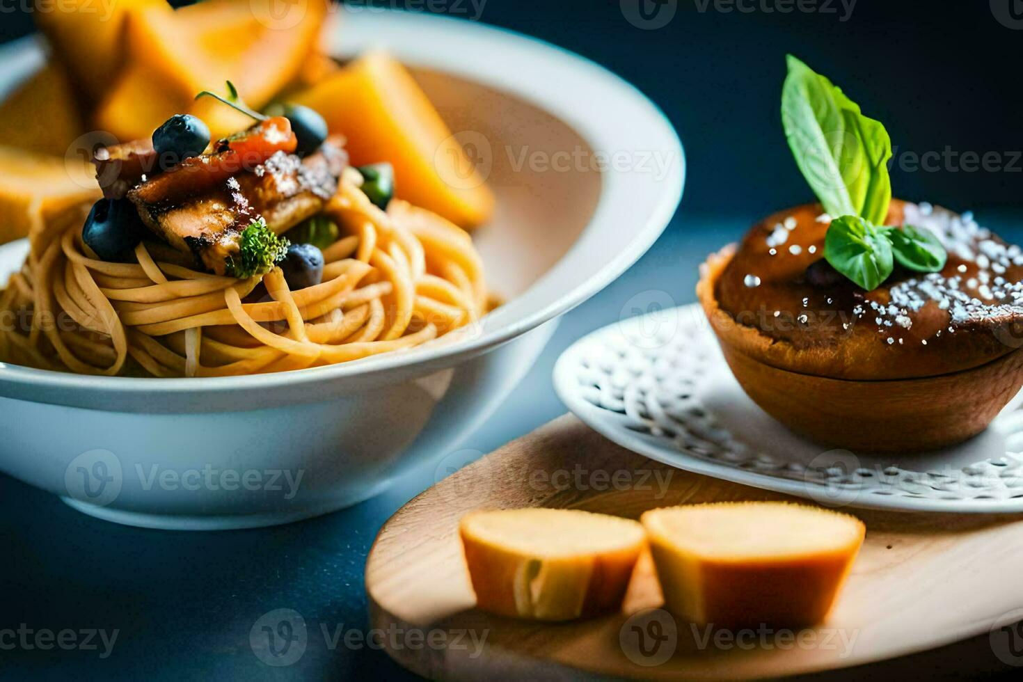 a plate of pasta and bread with a cup of coffee. AI-Generated photo