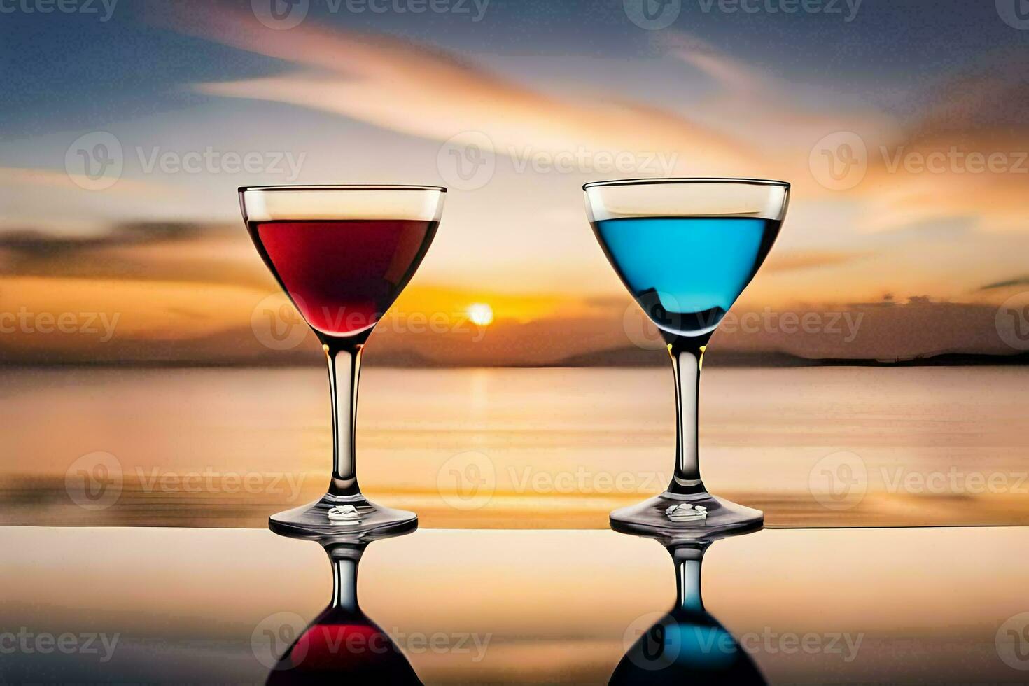 two glasses of red and blue liquid sitting on a table in front of the ocean. AI-Generated photo
