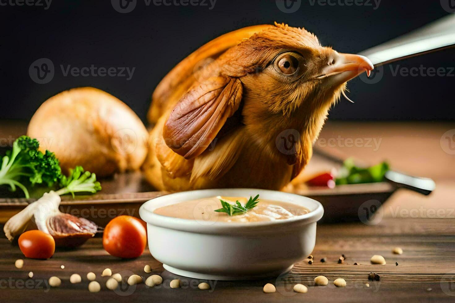 a chicken is sitting on a table with a bowl of sauce. AI-Generated photo