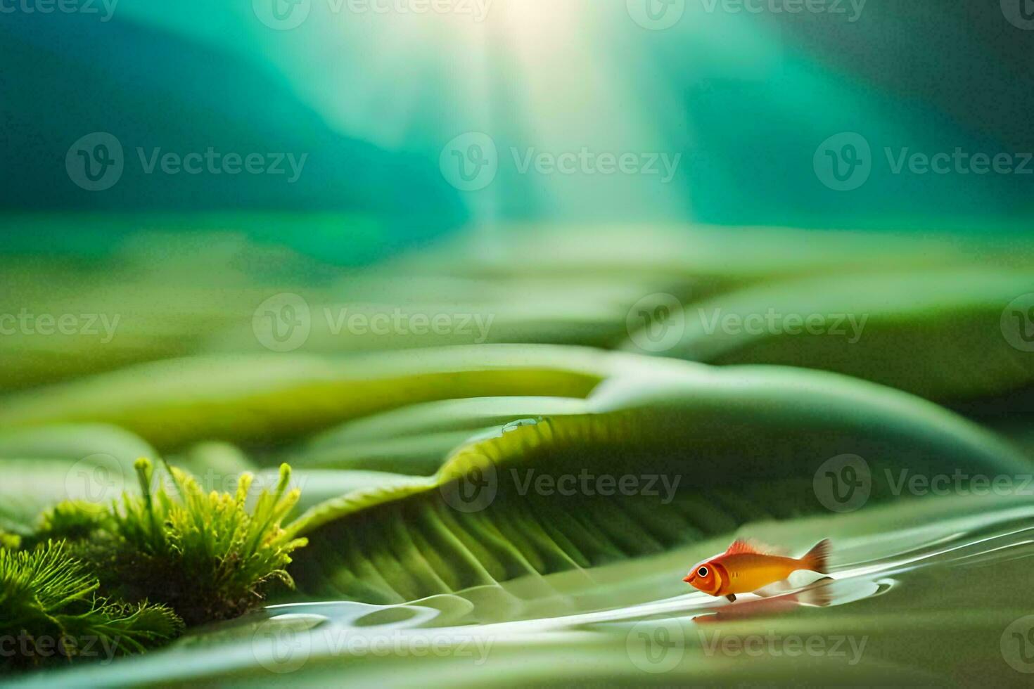 a small fish swimming in a pond with green plants. AI-Generated photo