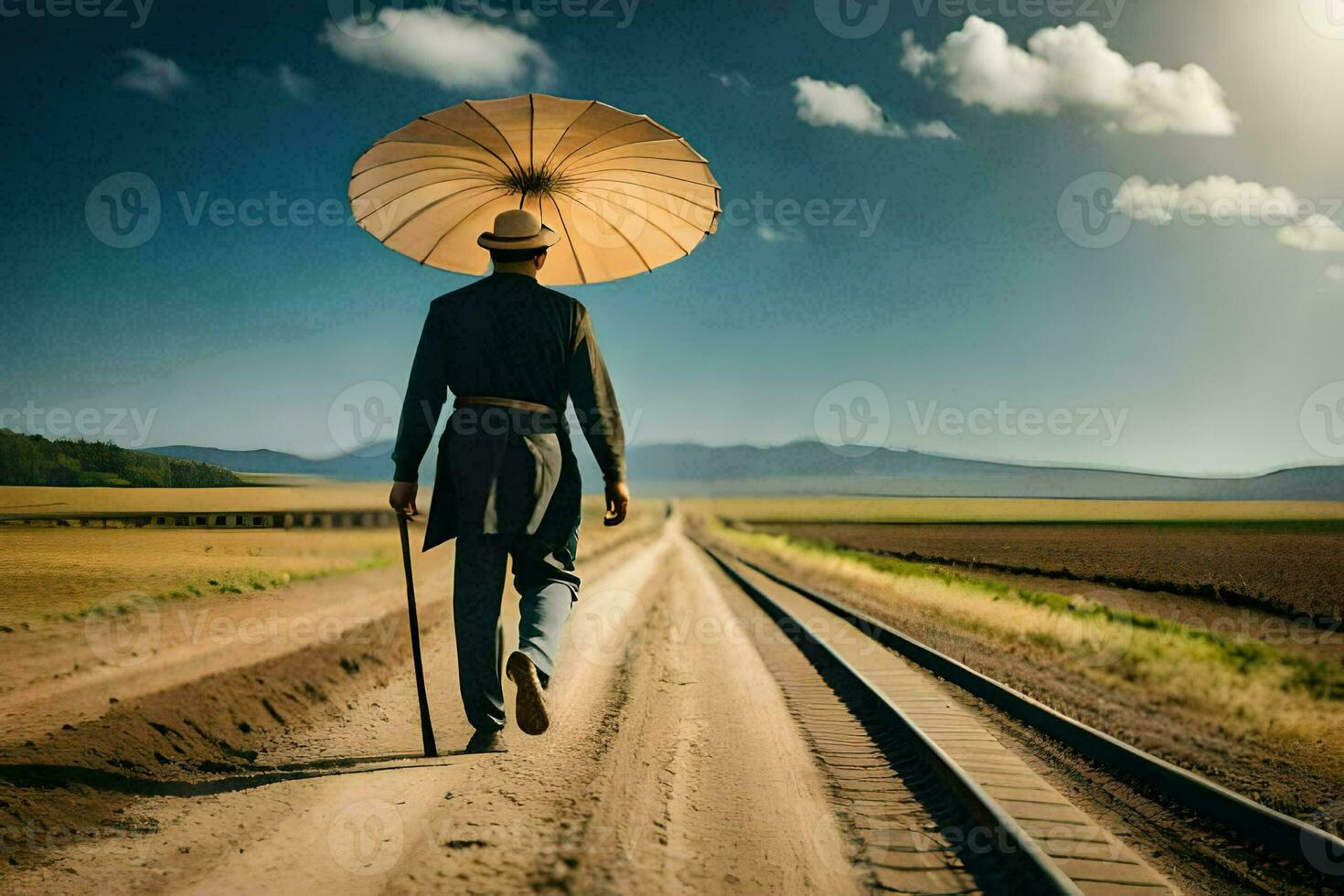 a man walking down a road with an umbrella. AI-Generated photo