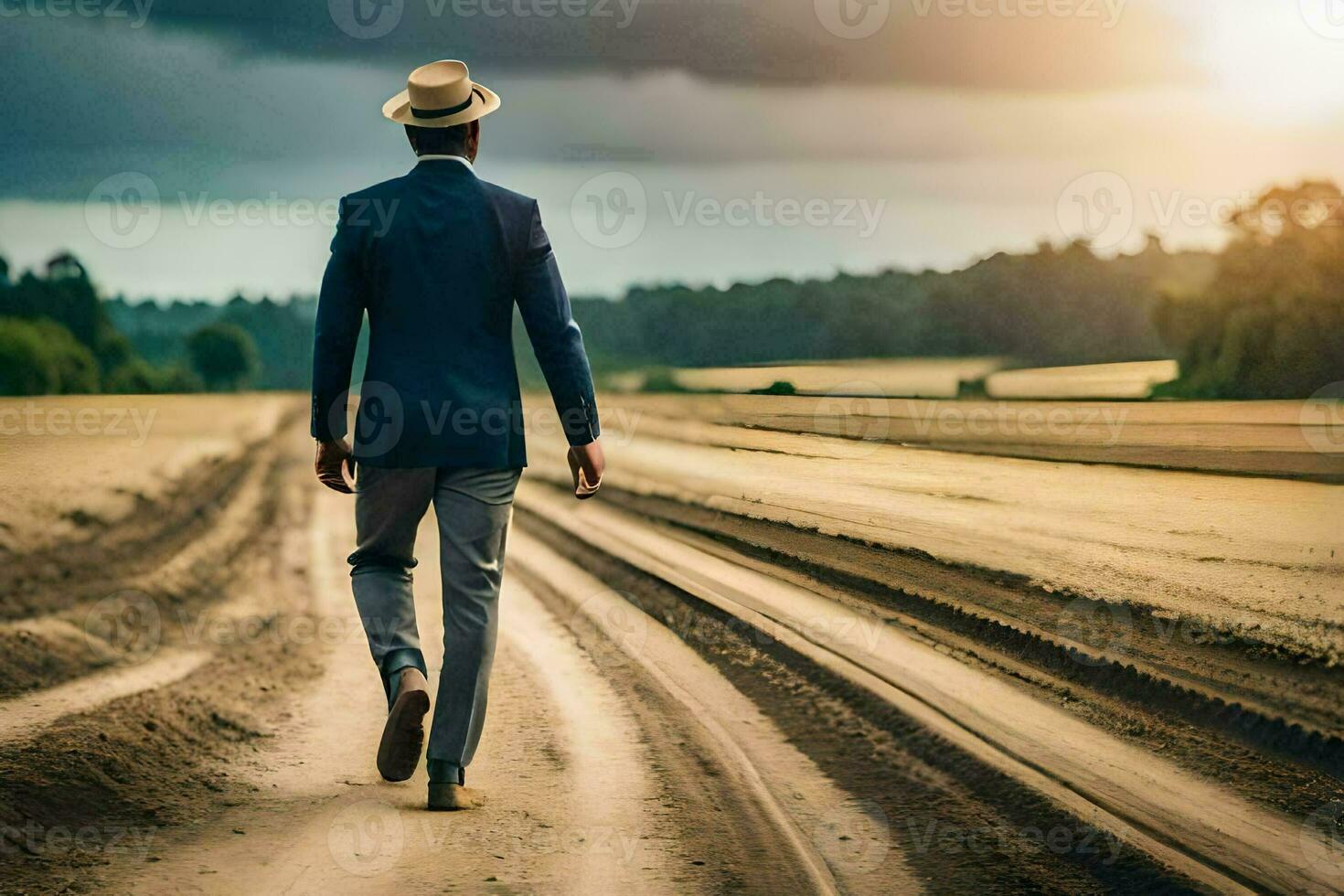 a man in a suit and hat walks down a dirt road. AI-Generated photo