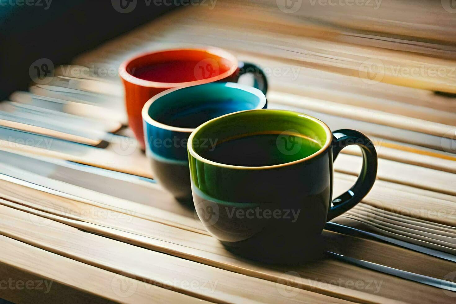 three colorful coffee cups sitting on a wooden table. AI-Generated photo