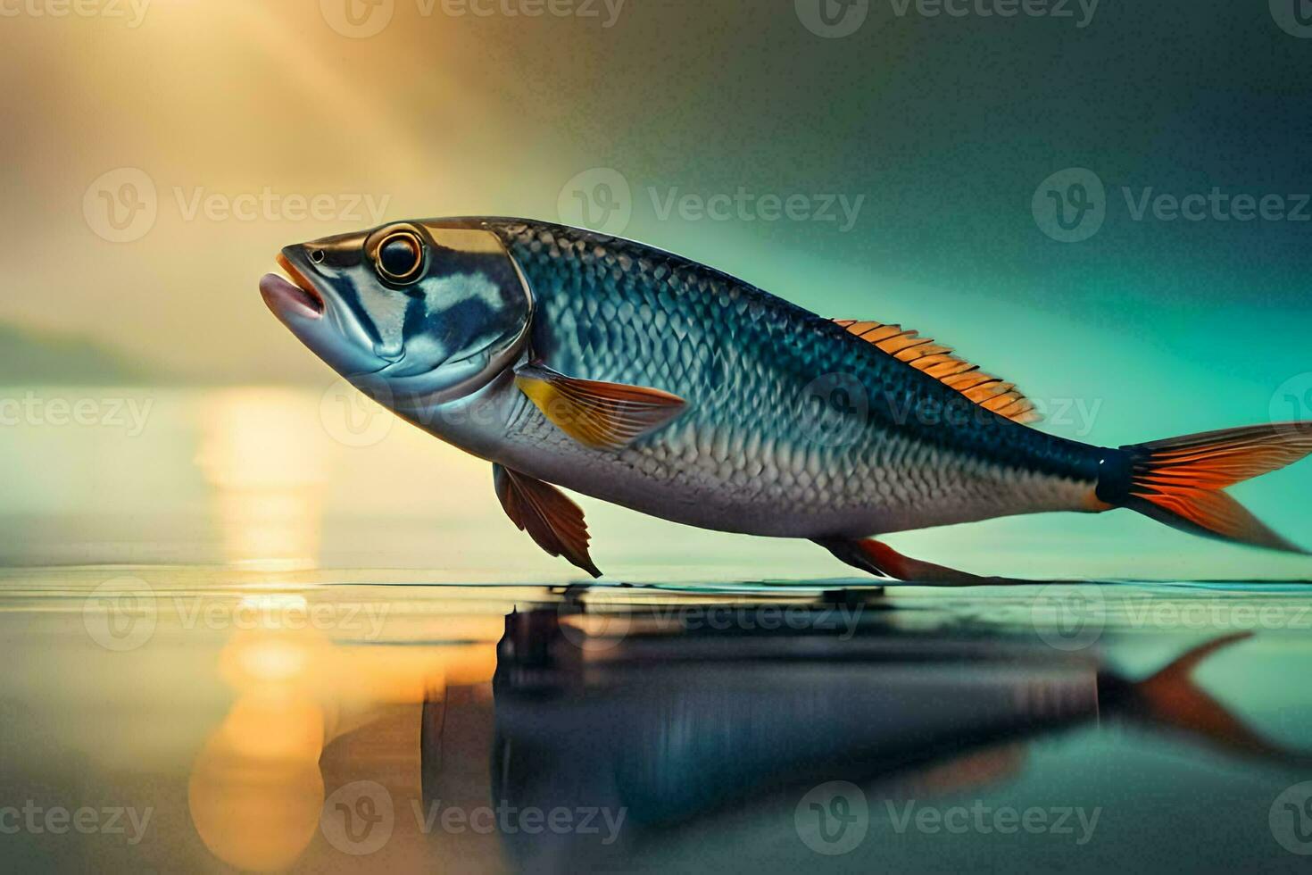 a fish is standing on the water with the sun in the background. AI-Generated photo