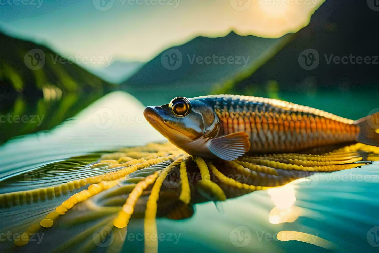 a fish is floating on the water in front of mountains. AI-Generated photo