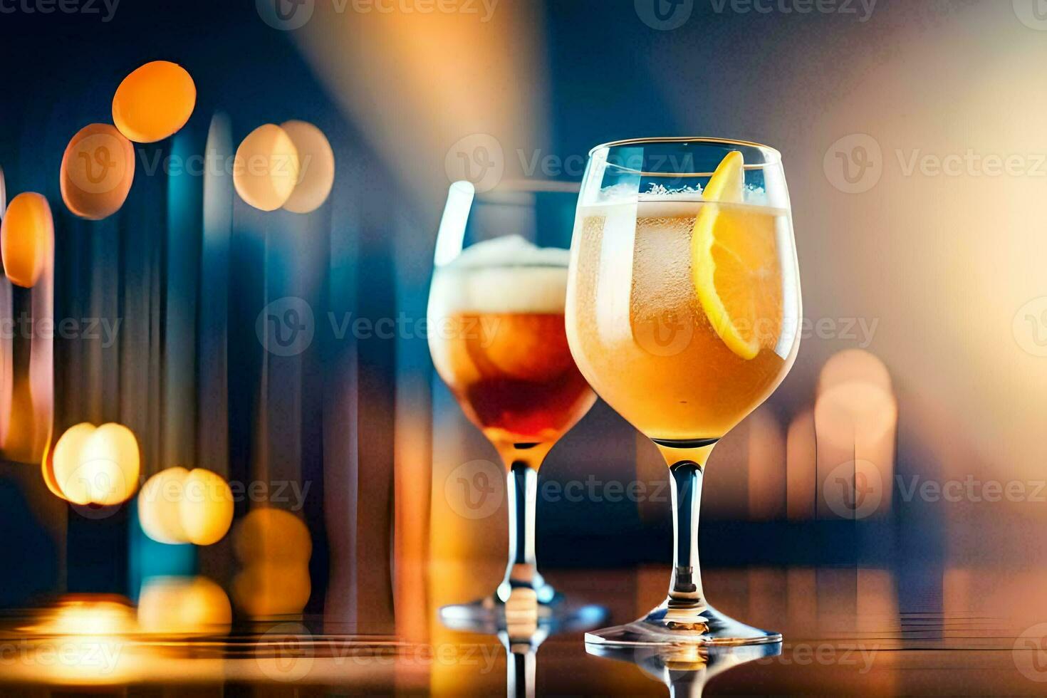 two glasses of alcohol with orange slices on the table. AI-Generated photo